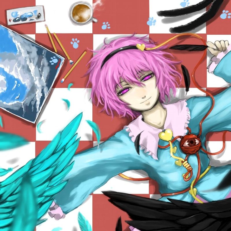 ginji (sakaki summer), komeiji satori, touhou, 1girl, art brush, black feathers, buttons, cat tail, checkered floor, coffee, cup, dress, eyeball, feathers, female focus, floor, frilled dress, frills, glowing, glowing eyes, hairband, heart, light smile, looking at viewer, messy hair, mug, on floor, outstretched arm, paint, paint palette, paintbrush, painting (object), paw print, pink eyes, pink hair, short hair, solo, squinting, steam, tail, third eye, upper body