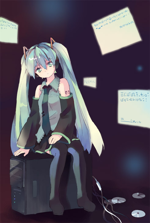 shatiko, hatsune miku, vocaloid, 1girl, detached sleeves, female focus, necktie, sitting, solo, thighhighs, twintails