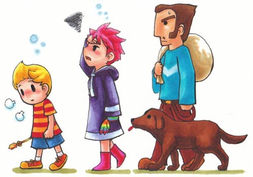 boney, duster (mother), kumatora, lucas (mother 3), mother (series), mother 3, nintendo, lowres, 1girl, 2boys, black eyes, blonde hair, blush, brown hair, dog, fever, gameplay mechanics, multiple boys, pink hair, quiff, short hair