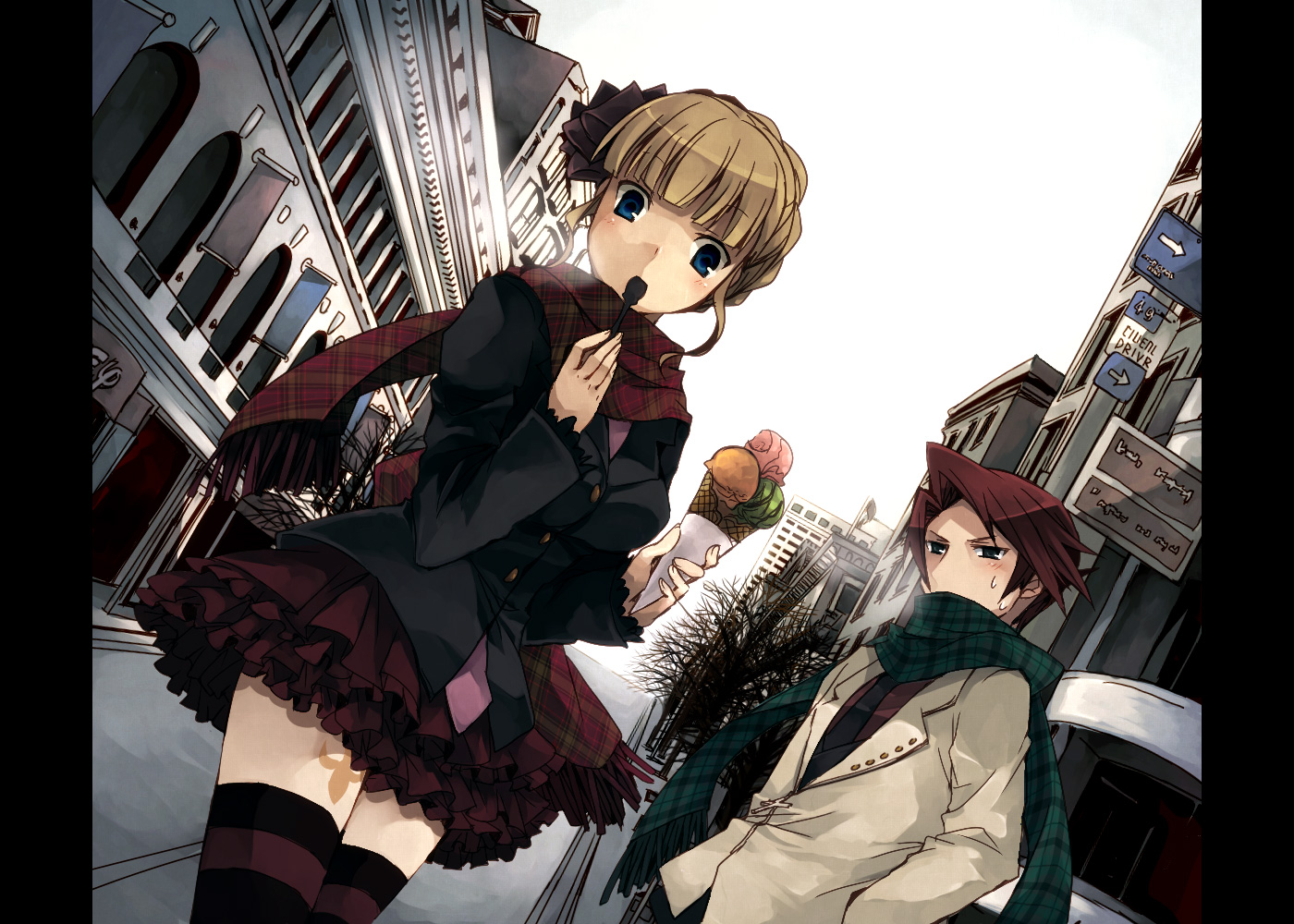 suzushiro kurumi, beatrice (umineko), ushiromiya battler, umineko no naku koro ni, 00s, blonde hair, blue eyes, breath, eating, food, ice cream, scarf, thighhighs, zettai ryouiki