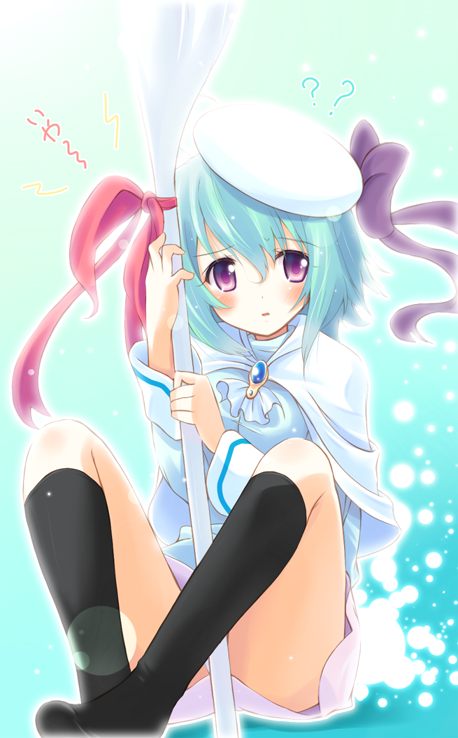 komone ushio, rifa tellu anelethea (komone ushio), original, bad id, bad pixiv id, 1girl, ?, aqua hair, blush, bow, female focus, hat, kneehighs, oar, paddle, purple eyes, short hair, skirt, socks, solo, staff