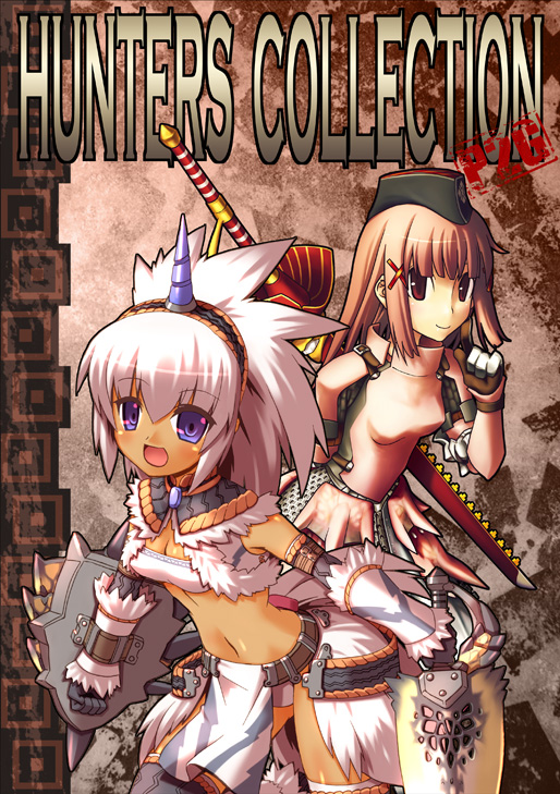 yukimura tsubame, capcom, monster hunter (series), 2girls, breasts, cleavage, hairband, healer u (armor), horns, khezu (armor), kirin (armor), multiple girls, navel, rathian (armor), red eyes, shield, single horn, sword, weapon, white hair