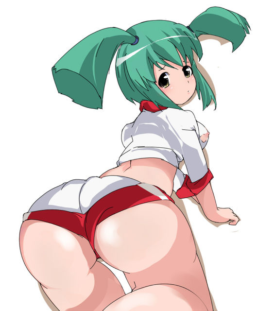 luca (yu-gi-oh!), yu-gi-oh!, yu-gi-oh! 5d's, 00s, 1girl, all fours, ass, back, blush, breasts, buruma, clothes lift, embarrassed, female focus, green hair, gym uniform, huge ass, looking back, nipple slip, nipples, no bra, shirt lift, simple background, small breasts, solo, thigh gap, thighs, torn clothes, twintails, yellow eyes