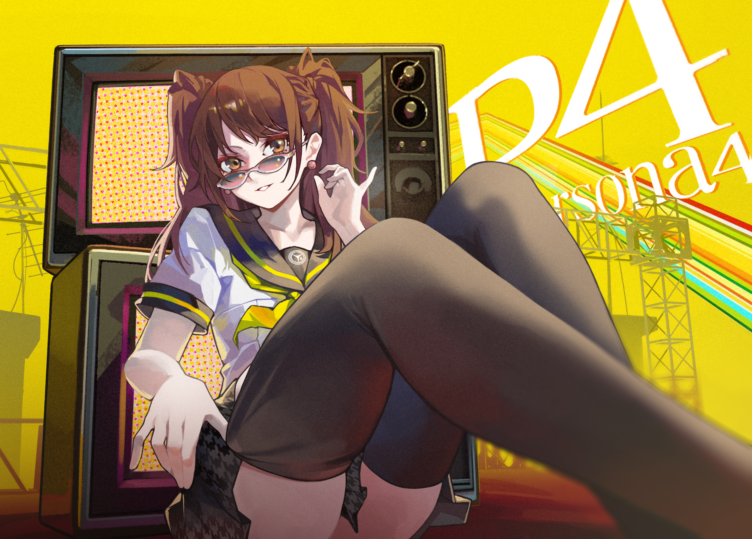 fr-ee-dom, kujikawa rise, persona, persona 4, commentary request, highres, 1girl, black sailor collar, black skirt, brown eyes, brown hair, copyright logo, dial television, earrings, feet out of frame, glasses, hand on own hip, hand up, jewelry, knees up, logo, long hair, looking at viewer, messy hair, neckerchief, parted lips, pearl earrings, pink-framed eyewear, pleated skirt, sailor collar, school uniform, shirt, short sleeves, sitting, skirt, smile, solo, television, twintails, white-framed eyewear, white shirt, yasogami school uniform, yellow background, yellow neckerchief