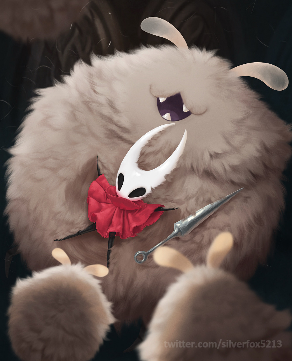 silverfox5213, flea (hollow knight), hornet (hollow knight), huge flea (hollow knight), hollow knight, hollow knight: silksong, highres, 1girl, arthropod girl, black skin, body fur, cloak, colored skin, full body, hollow eyes, horned mask, mask, needle (hollow knight), red cloak, twitter username, watermark, weapon, web address, white mask