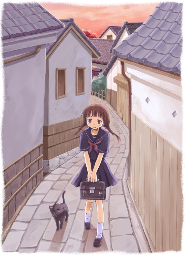 mizuna tomomi, original, alley, bag, braid, cat, school uniform, serafuku, short twintails, solo, twin braids, twintails