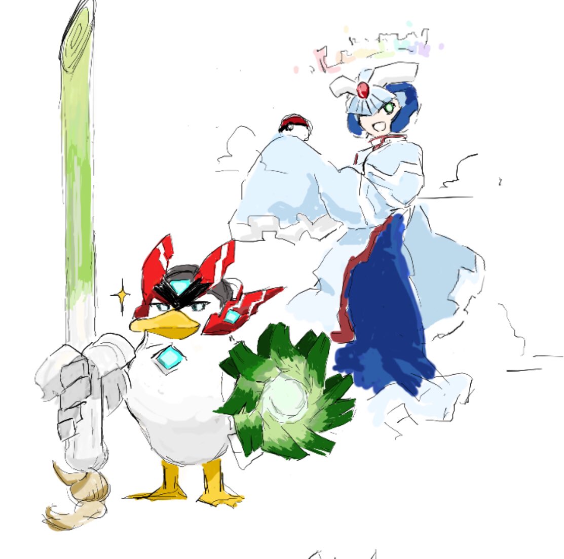 zerox 851, cyber elf x (mega man), sirfetch'd, x (mega man), zero(z) (mega man), zero (mega man), mega man (series), mega man zero (series), nintendo, pokemon, 1boy, asymmetrical dual wielding, bird, blue helmet, blue robe, dual wielding, duck, fusion, gen 8 pokemon, halo, helmet, holding, holding poke ball, holding shield, holding sword, holding weapon, one eye closed, poke ball, poke ball (basic), pokemon (creature), red helmet, robe, shield, simple background, sketch, sword, weapon, white background