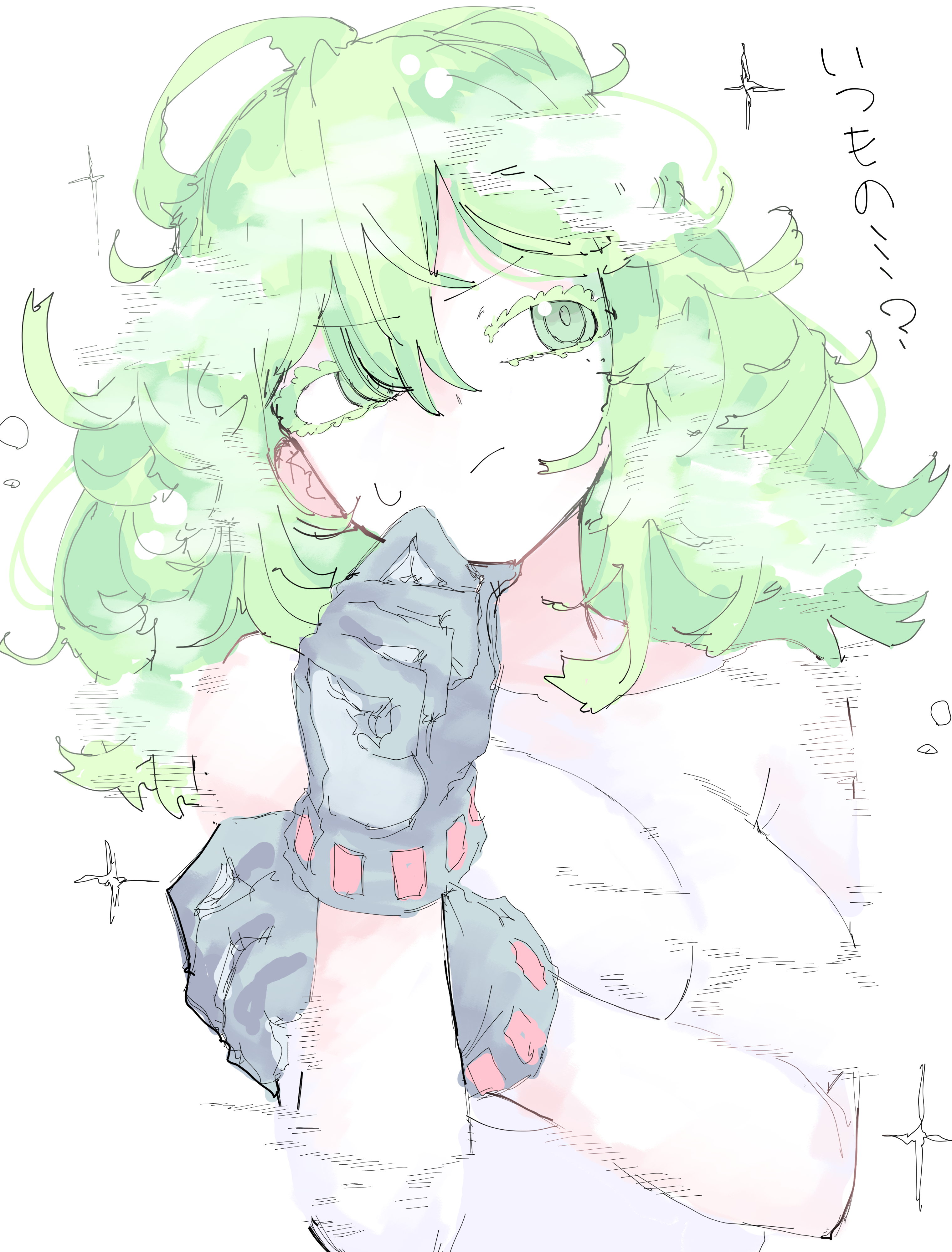 mocamocaink, hagakure toru, boku no hero academia, absurdres, highres, 1girl, breasts, colored eyelashes, convenient censoring, gloves, green eyes, green hair, grey gloves, large breasts, messy hair, nude, solo, steam, steam censor, thinking