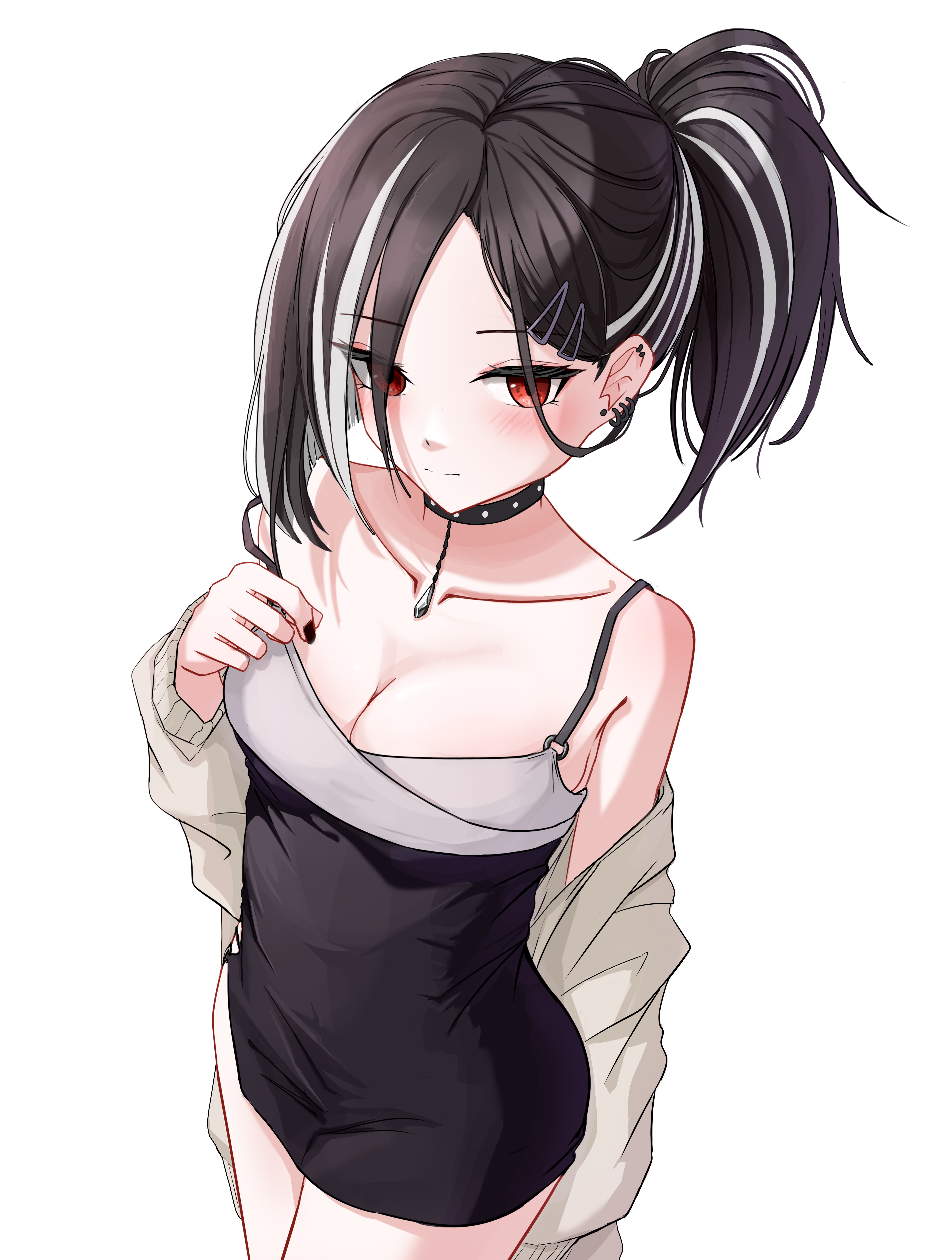 hit by hit, haguro (azur lane), azur lane, absurdres, commentary, commission, english commentary, highres, pixiv commission, 1girl, alternate costume, bare shoulders, black choker, black dress, blush, breasts, brown hair, choker, cleavage, closed mouth, collarbone, cowboy shot, dress, grey jacket, hand up, jacket, large breasts, long sleeves, looking at viewer, multicolored hair, off shoulder, open clothes, open jacket, parted bangs, ponytail, red eyes, short hair, simple background, sleeveless, sleeveless dress, solo, two-tone hair, white background, white hair