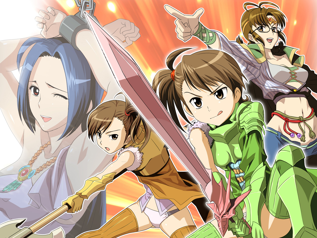 g-tetsu, akizuki ritsuko, futami ami, futami mami, miura azusa, idolmaster, idolmaster (classic), idolmaster 1, 00s, 4girls, :p, ahoge, alternate costume, arm guards, armor, arms up, axe, blue hair, brown hair, cape, chain, crop top, dress, fantasy, fur trim, glasses, jacket, jewelry, long hair, midriff, multiple girls, navel, one eye closed, outstretched hand, panties, pendant, pointing, restrained, serious, short hair, siblings, side ponytail, sisters, sleeveless, smile, strapless, strapless dress, sword, tiara, tongue, tongue out, twins, underwear, weapon, wink
