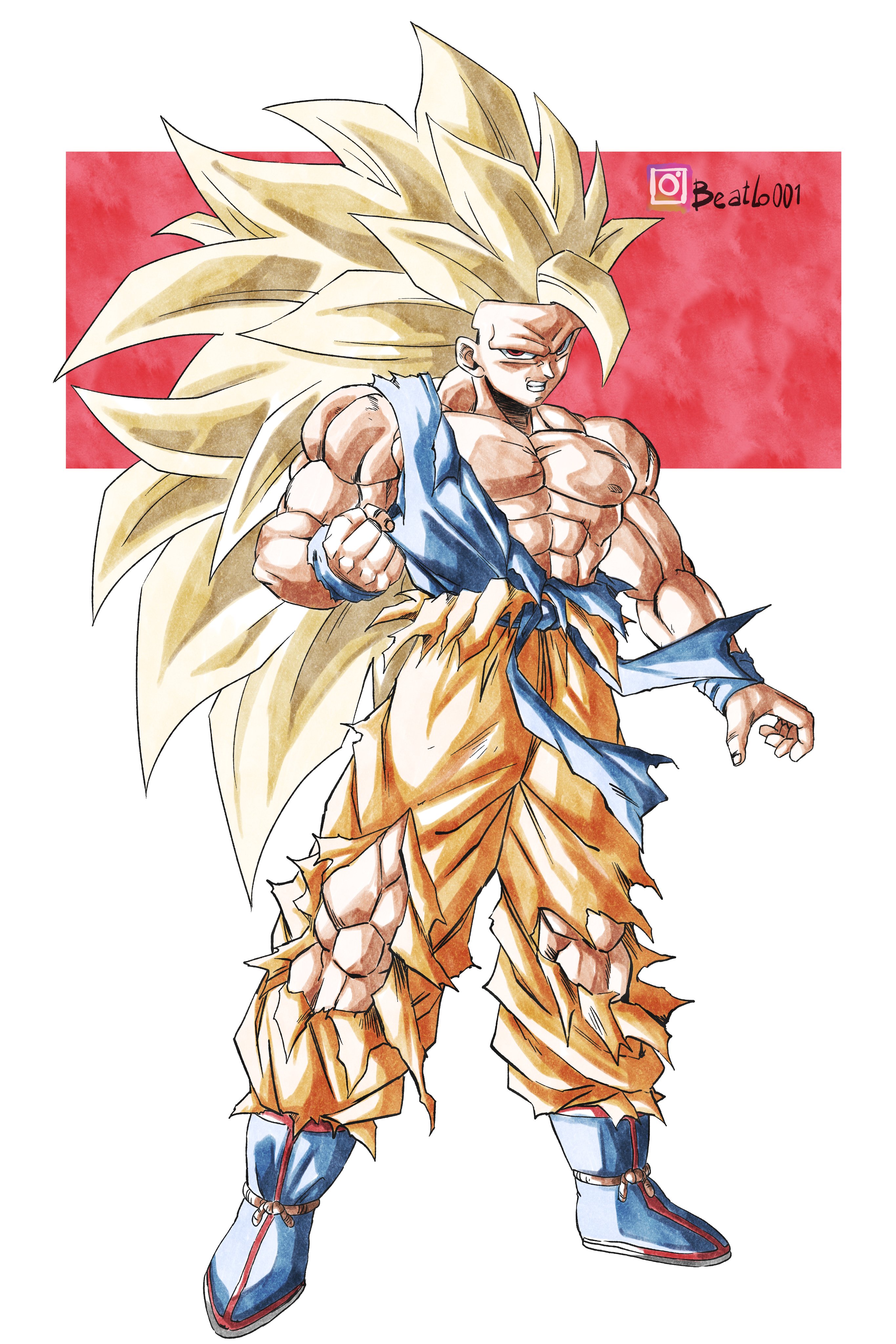 beatlo (rodrigo38658978), son goku, dragon ball, dragonball z, absurdres, highres, 1boy, abs, blue boots, blue shirt, blue wrist cuffs, boots, full body, long hair, male focus, muscular, muscular male, no eyebrows, orange pants, pants, red eyes, shirt, simple background, solo, spiked hair, super saiyan, super saiyan 3, torn clothes, torn pants, torn shirt, white background, wrist cuffs