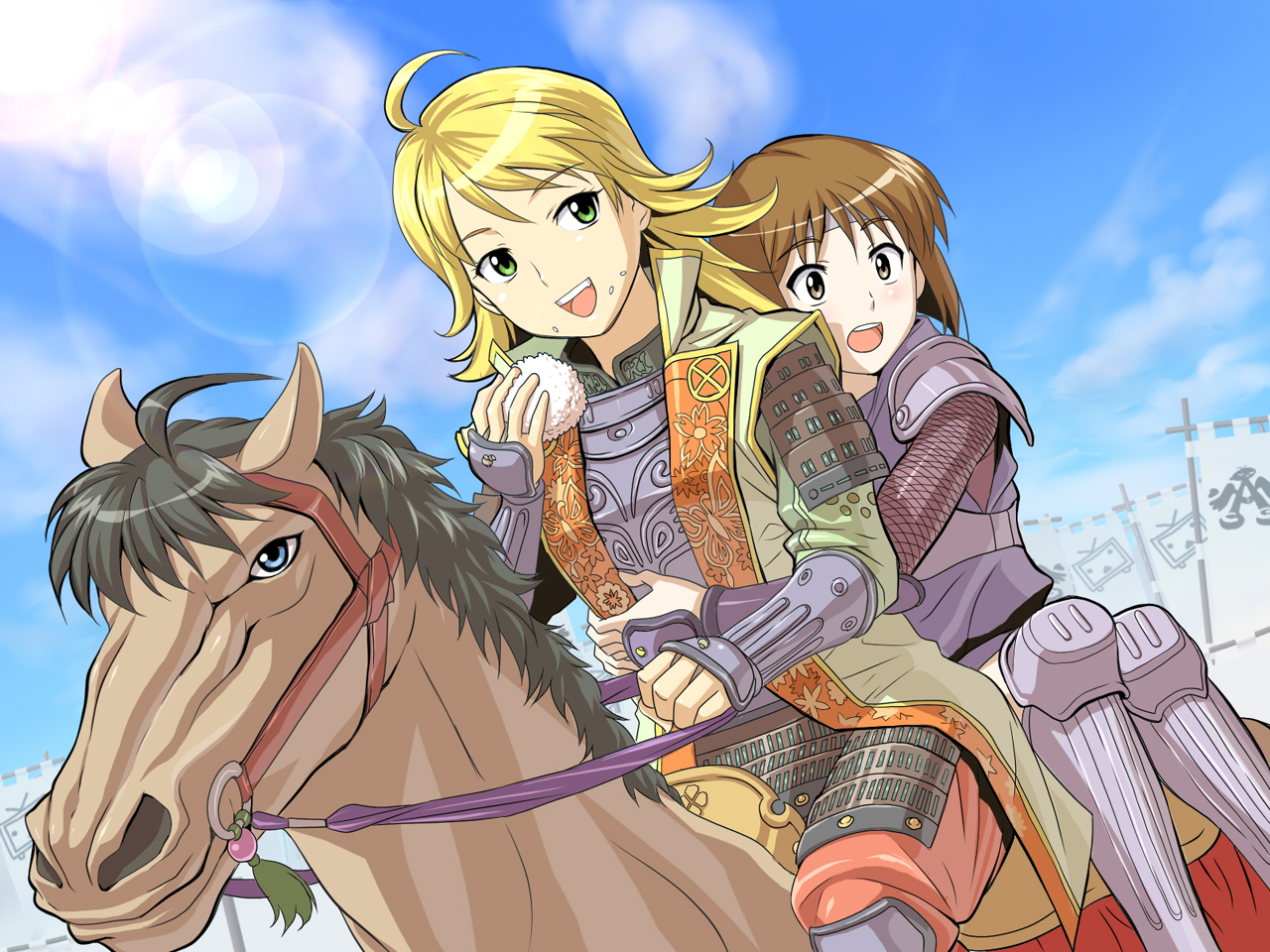 g-tetsu, hagiwara yukiho, hoshii miki, idolmaster, idolmaster (classic), idolmaster 1, 00s, 2girls, armor, food, horse, lens flare, multiple girls, onigiri, reins, riding