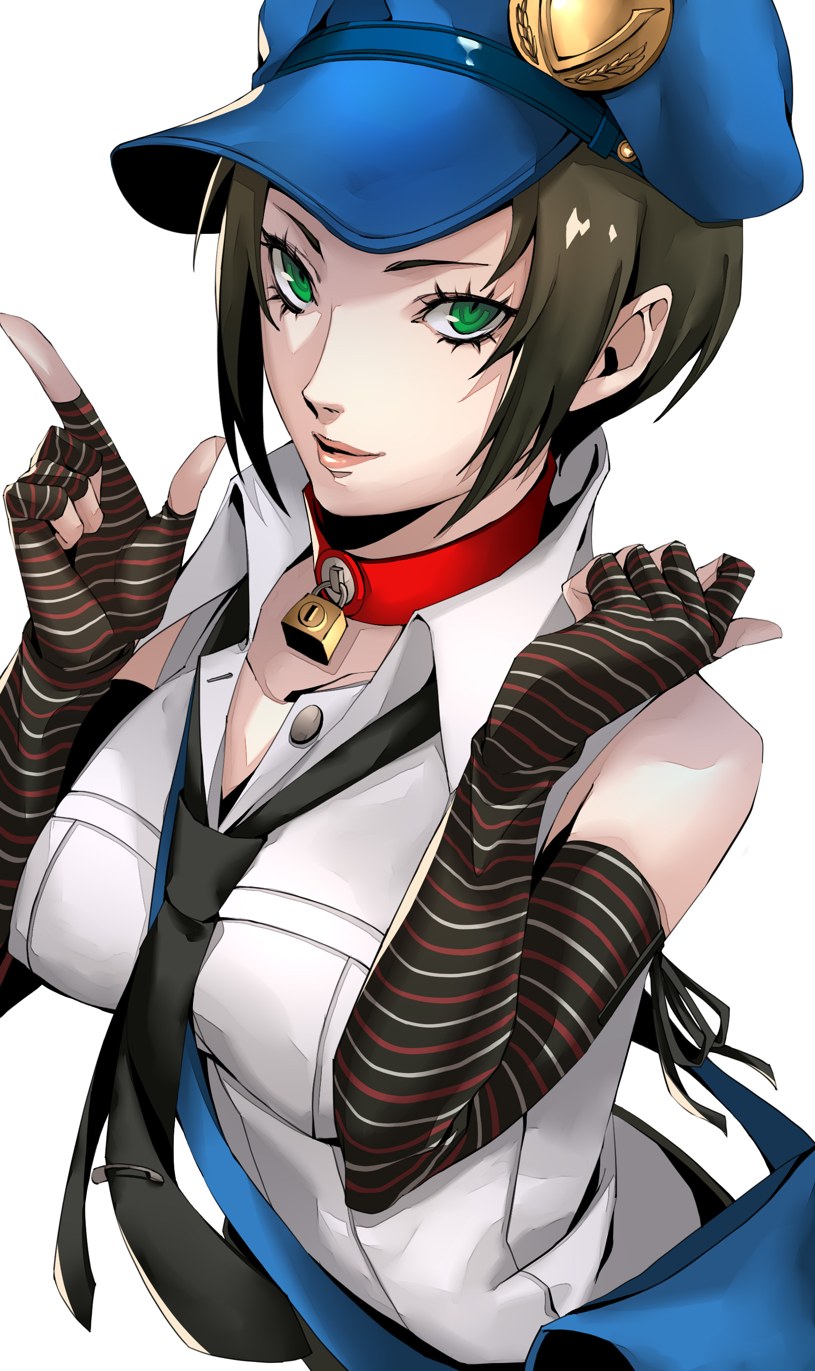 pertex 777, marie (persona 4), persona, persona 4, persona 4 the golden, absurdres, commentary request, highres, 1girl, bag, bare shoulders, black gloves, black necktie, black ribbon, blue bag, blue hat, breasts, brown hair, choker, closed mouth, elbow gloves, fingerless gloves, gloves, green eyes, hands up, hat, index finger raised, large breasts, looking at viewer, necktie, red choker, ribbon, shirt, short hair, shoulder bag, sidelocks, simple background, sleeveless, sleeveless shirt, smile, solo, striped clothes, striped gloves, upper body, white background, white shirt