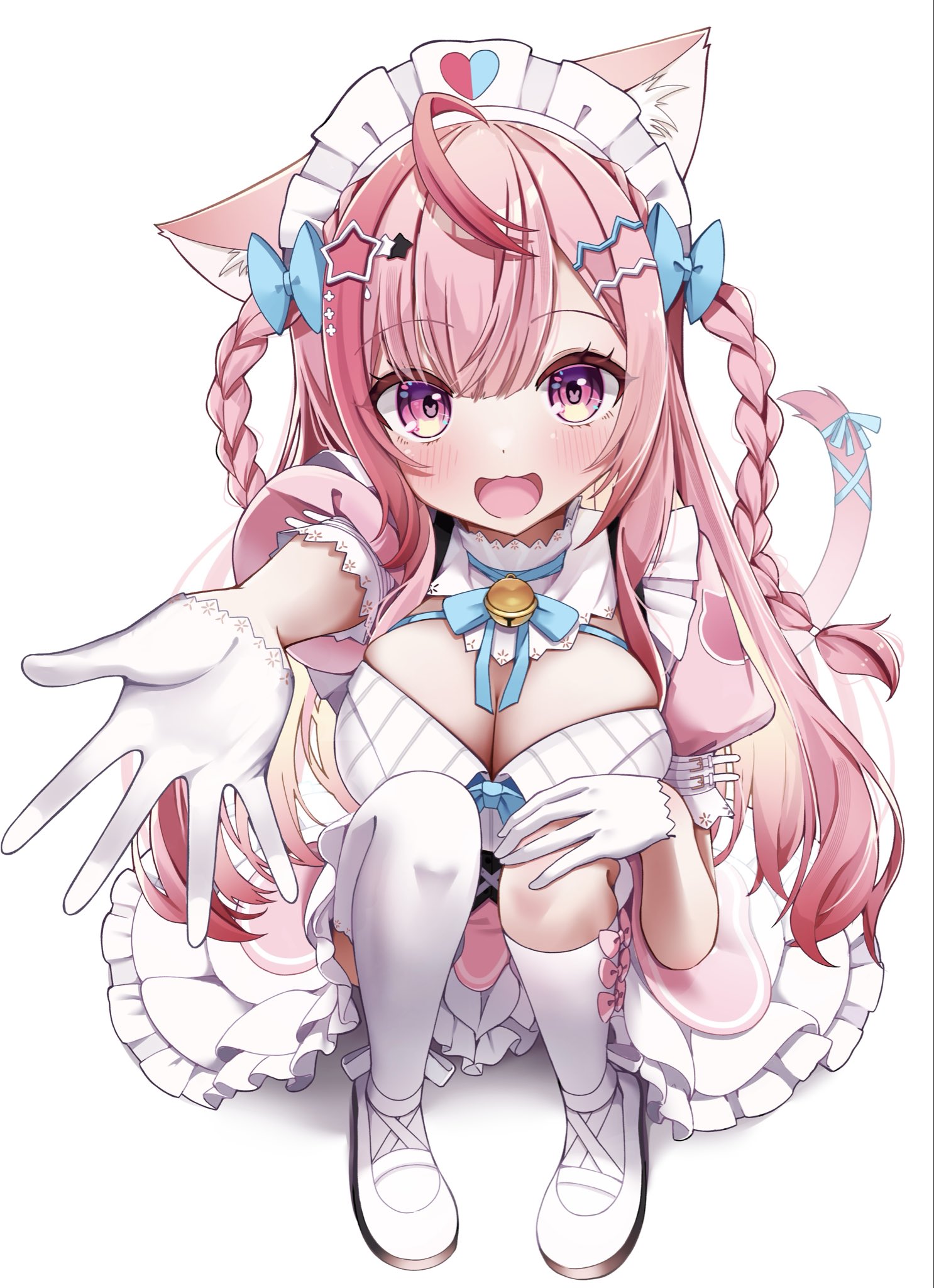 100ton250, yuuki sakuna, indie virtual youtuber, highres, 1girl, animal ears, asymmetrical legwear, bow, bow legwear, braid, breasts, cat ears, cat girl, cat tail, cleavage, dress, full body, gloves, half gloves, kneehighs, large breasts, long hair, looking at viewer, maid, open mouth, pink bow, pink dress, pink hair, reaching, reaching towards viewer, shoes, short sleeves, simple background, smile, socks, solo, squatting, tail, thighhighs, uneven legwear, white background, white gloves, white shoes, white socks, white thighhighs