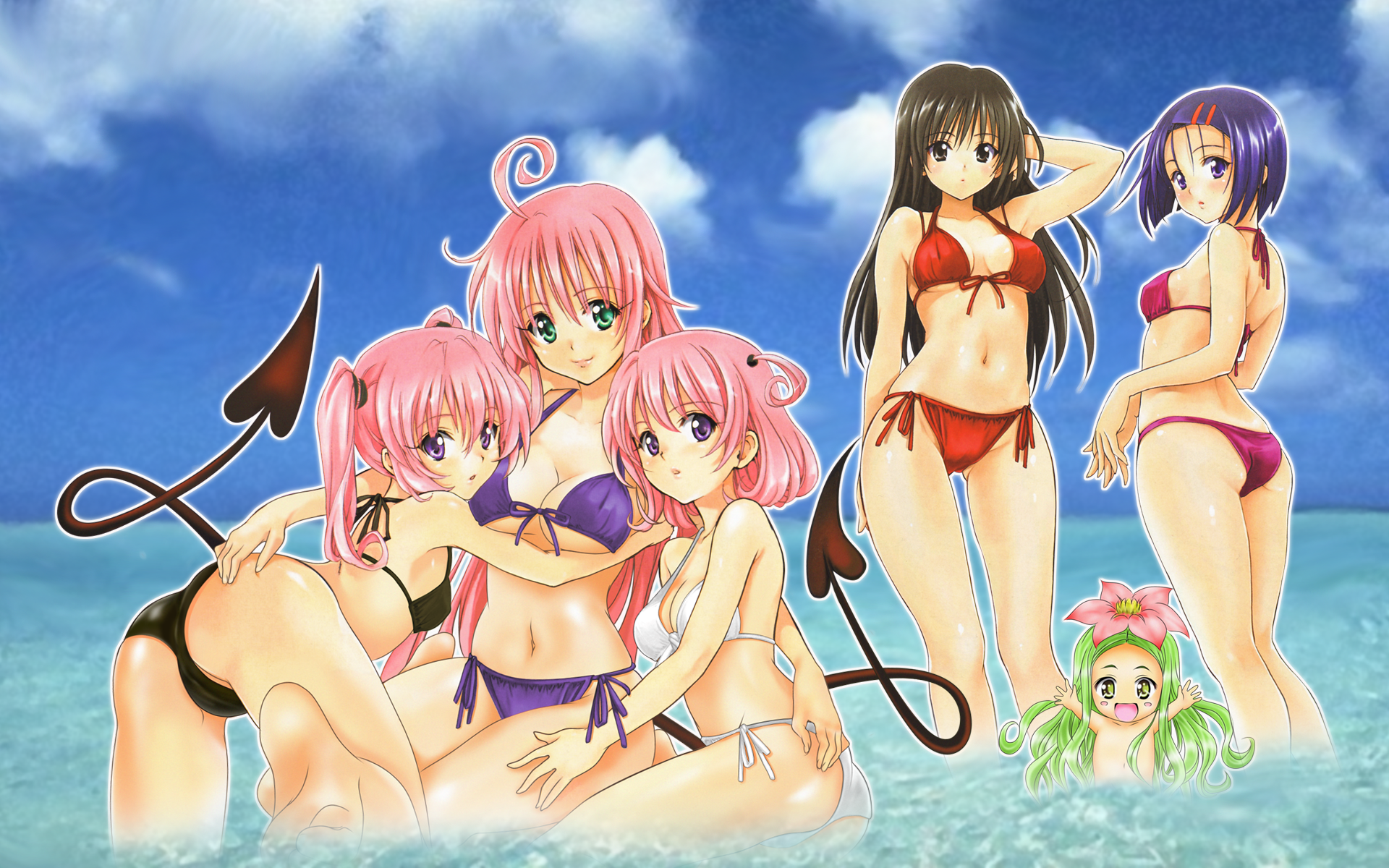 yabuki kentarou, celine (to love-ru), kotegawa yui, lala satalin deviluke, momo velia deviluke, nana asta deviluke, sairenji haruna, to love-ru, highres, third-party edit, 00s, 6+girls, ass, back, barefoot, beach, bikini, brown eyes, brown hair, day, feet, front-tie top, green eyes, green hair, harem, loli, long hair, multiple girls, navel, outdoors, pink hair, purple eyes, purple hair, short hair, siblings, sisters, soles, standing, string bikini, swimsuit, tail, twins, twintails, water