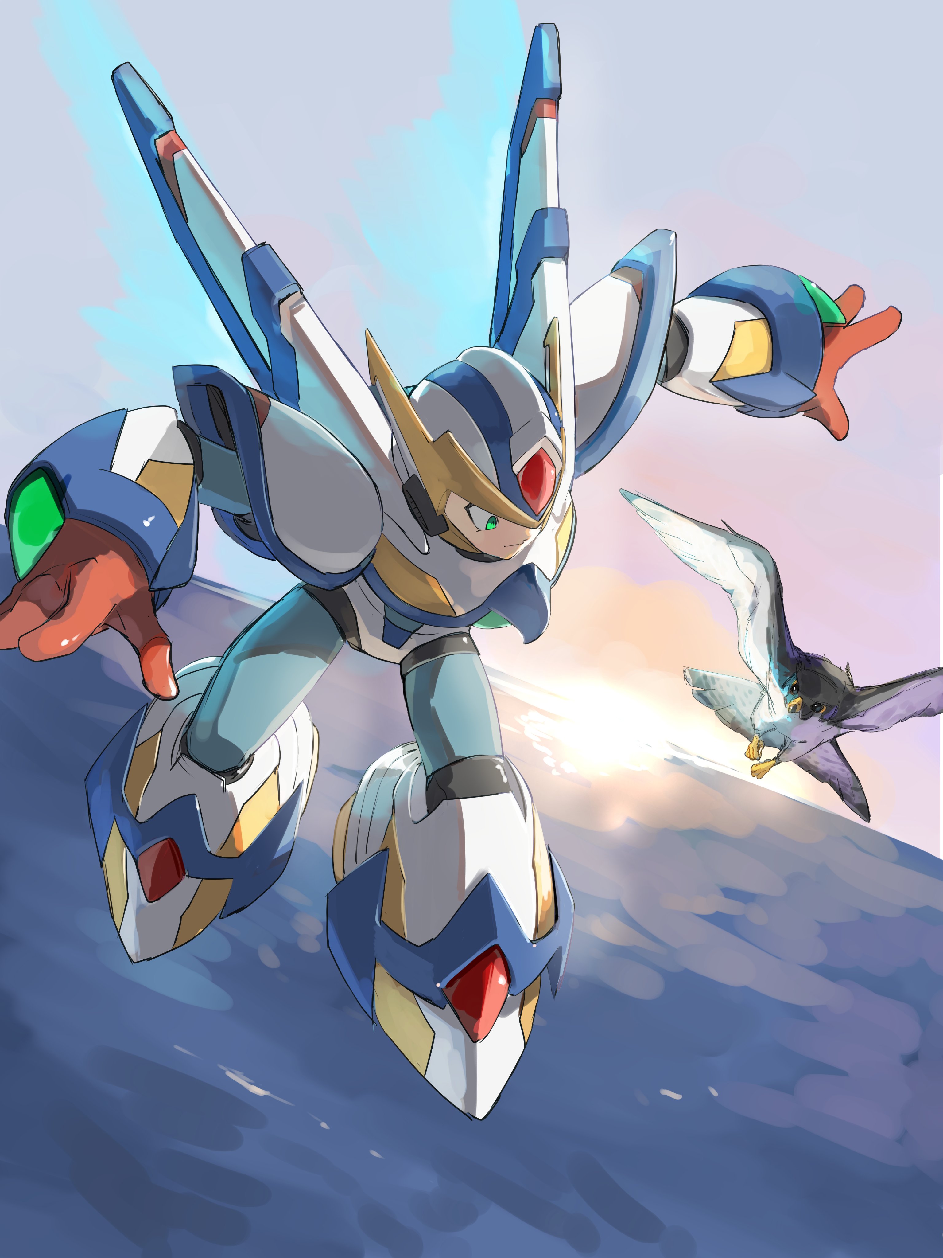 omochi (mochi skymega), falcon armor x (mega man), x (mega man), mega man (series), mega man x (series), absurdres, highres, 1boy, armor, bird, blurry, blurry background, falcon, forehead jewel, full body, helmet, male focus, mechanical wings, midair, solo focus, sunrise, white armor, white helmet, wings