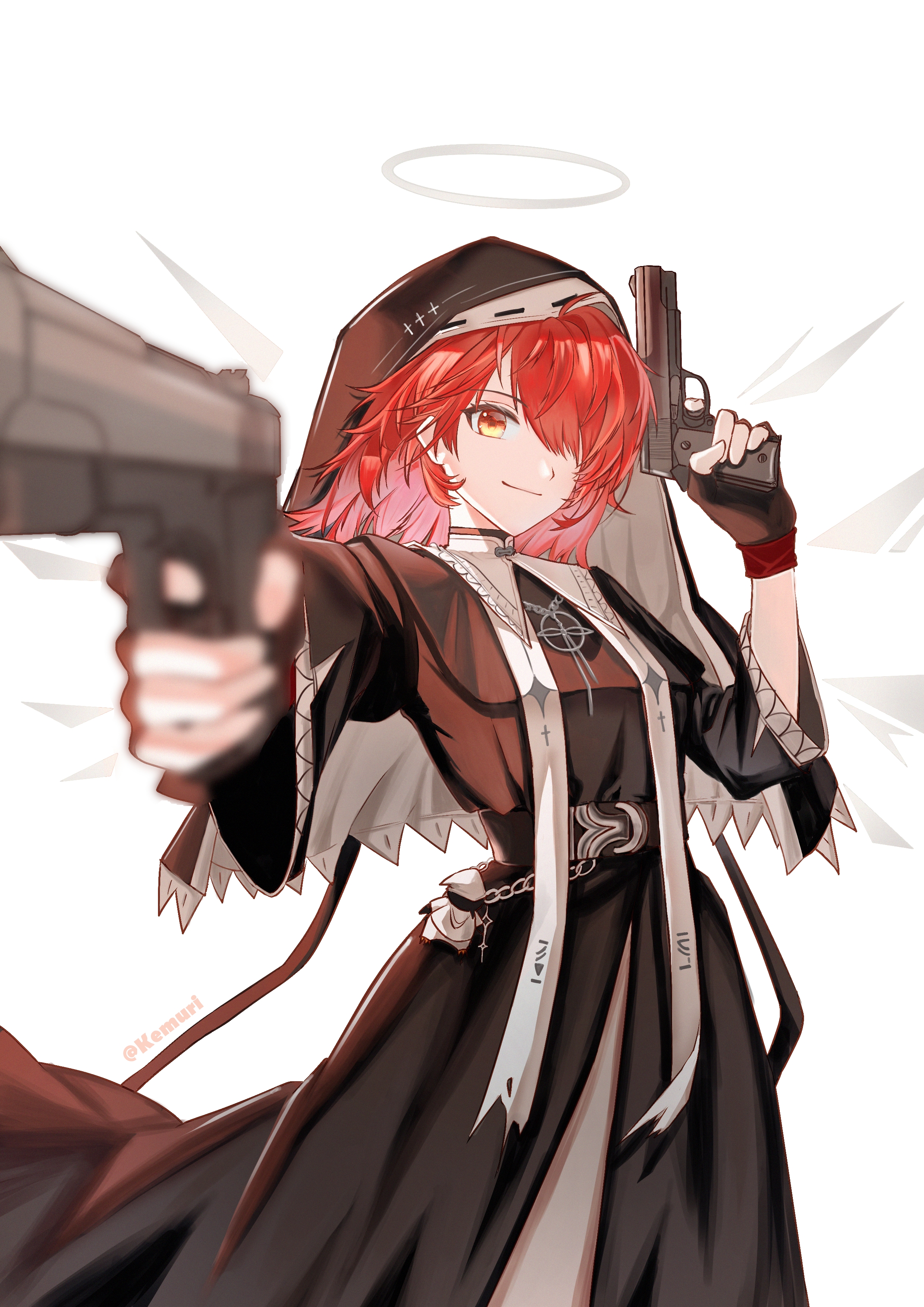 exusiai (arknights), arknights, absurdres, chinese commentary, commentary request, highres, 1girl, aiming, aiming at viewer, arm up, blurry, blurry foreground, brown dress, brown gloves, closed mouth, cowboy shot, detached wings, dress, dual wielding, finger on trigger, fingerless gloves, foreshortening, gloves, grey halo, gun, hair over one eye, halo, handgun, headscarf, holding, holding gun, holding weapon, looking at viewer, medium hair, multicolored eyes, nun, one eye covered, orange eyes, outstretched arm, red hair, sallyface512, simple background, smile, solo, standing, traditional halo, two-tone eyes, weapon, white background, wings, yellow eyes