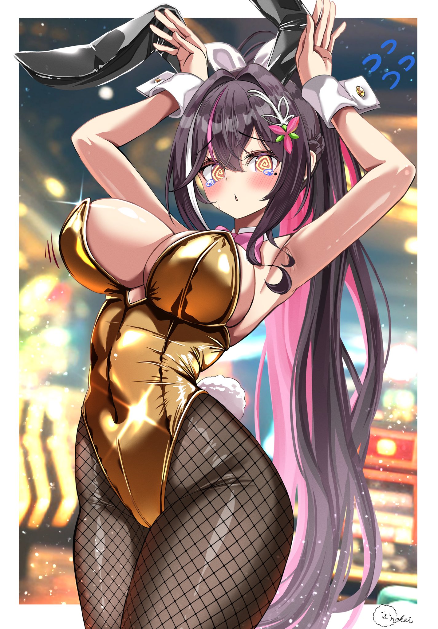 inokeiwd, azki (hololive), hololive, highres, @ @, animal ears, arms up, black hair, blurry, blurry background, blush, breasts, casino, cleavage, cowboy shot, fake animal ears, fake tail, fishnet pantyhose, fishnets, glint, high ponytail, large breasts, leotard, long hair, multicolored hair, pantyhose, pink hair, playboy bunny, ponytail, rabbit ears, rabbit tail, strapless, strapless leotard, streaked hair, tail, tears, virtual youtuber, white hair, yellow leotard