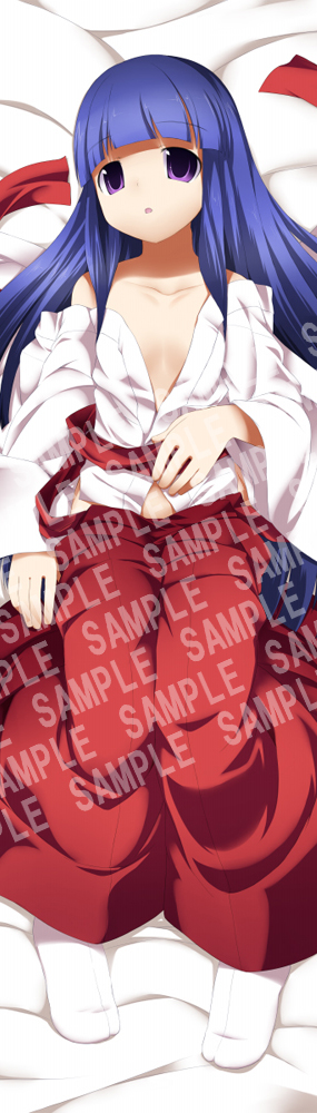 shiratama dango, furude rika, higurashi no naku koro ni, long image, tall image, 00s, 1girl, bed, bed sheet, blush, dakimakura (medium), female focus, full body, hakama, hakama skirt, japanese clothes, looking at viewer, lying, miko, on back, on bed, red hakama, sample watermark, skirt, solo, watermark