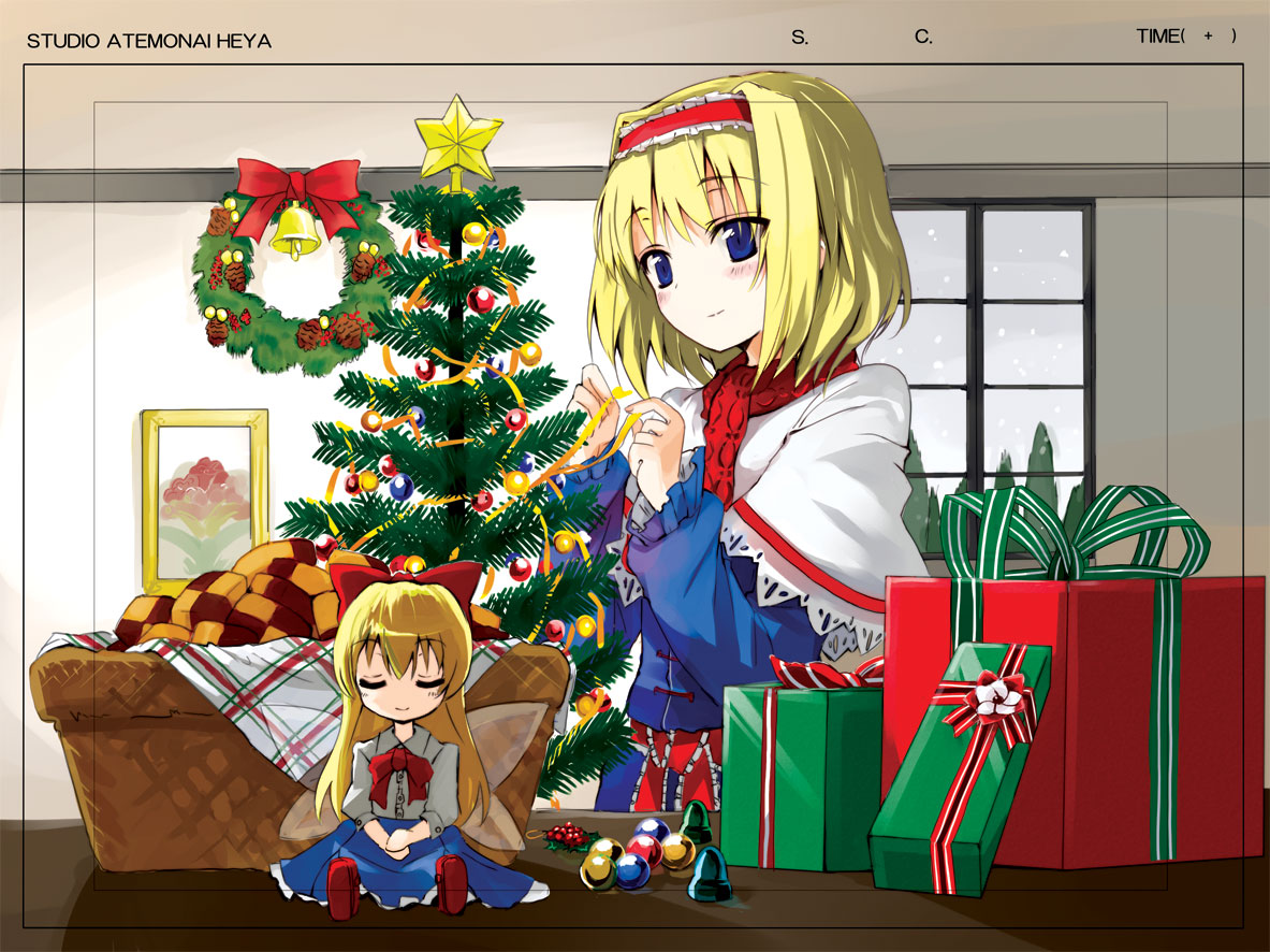 gotyou, alice margatroid, shanghai doll, touhou, 1girl, basket, bell, blonde hair, blue eyes, blush, bow, bowtie, christmas, christmas ornaments, christmas tree, closed eyes, cookie, doll, female focus, food, gift, hair bow, hairband, long hair, photo (object), ribbon, scarf, short hair, sitting, skirt, slice of life, smile, snow, solo, star (symbol), window, wings, winter, wreath