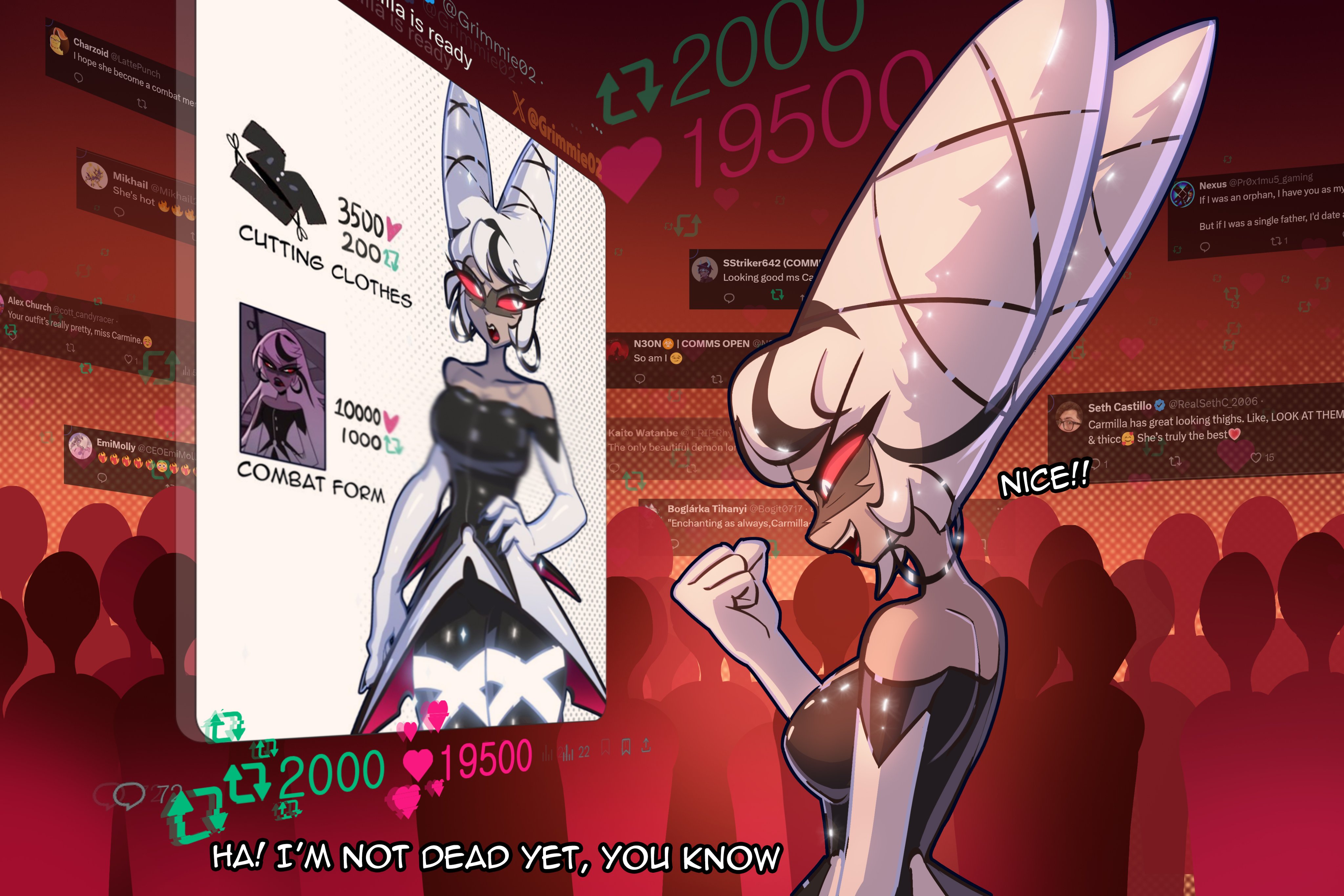 grimmie02, carmilla carmine (hazbin hotel), hazbin hotel, hellaverse, twitter, absurdres, highres, 1girl, bare shoulders, black pantyhose, black shirt, breasts, clenched hand, collarbone, colored sclera, dark-skinned female, dark skin, earrings, elbow gloves, english text, fang, from side, gloves, hair horns, hoop earrings, jewelry, large breasts, pantyhose, people, red sclera, shirt, teeth, tongue, twitter strip game, upper teeth only, white eyes, white gloves