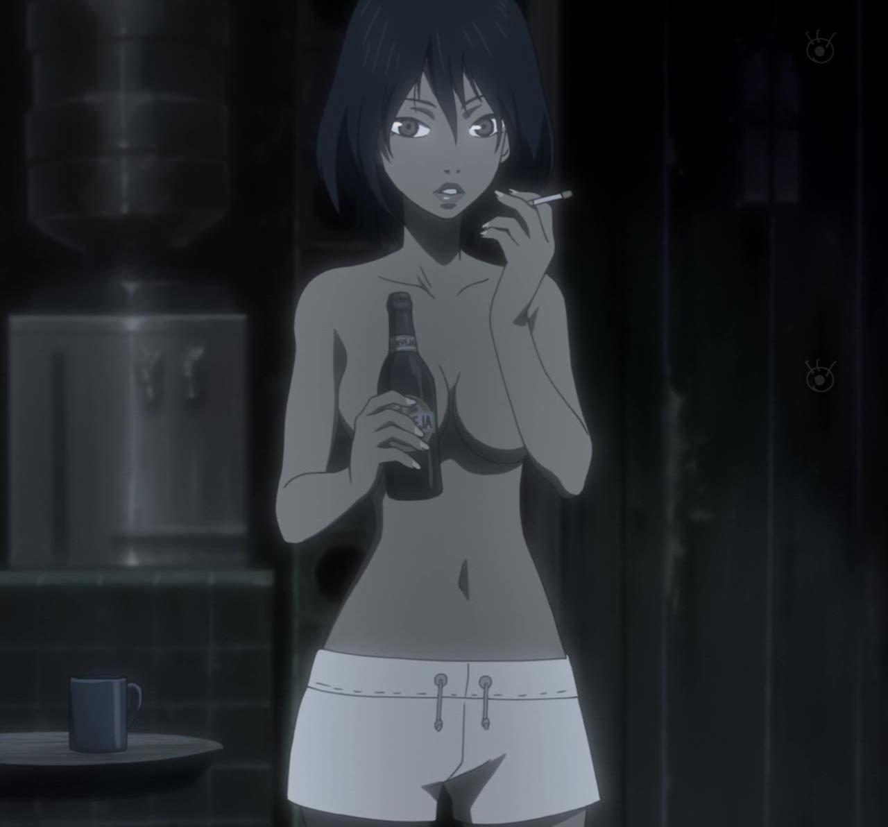 michiko malandro, michiko to hacchin, anime screenshot, 1girl, alcohol, beer, black hair, breasts, brown eyes, brown hair, censored, cigarette, convenient censoring, cup, dark-skinned female, dark skin, female focus, holding, medium breasts, navel, no bra, parted lips, short hair, shorts, smoking, solo, topless female
