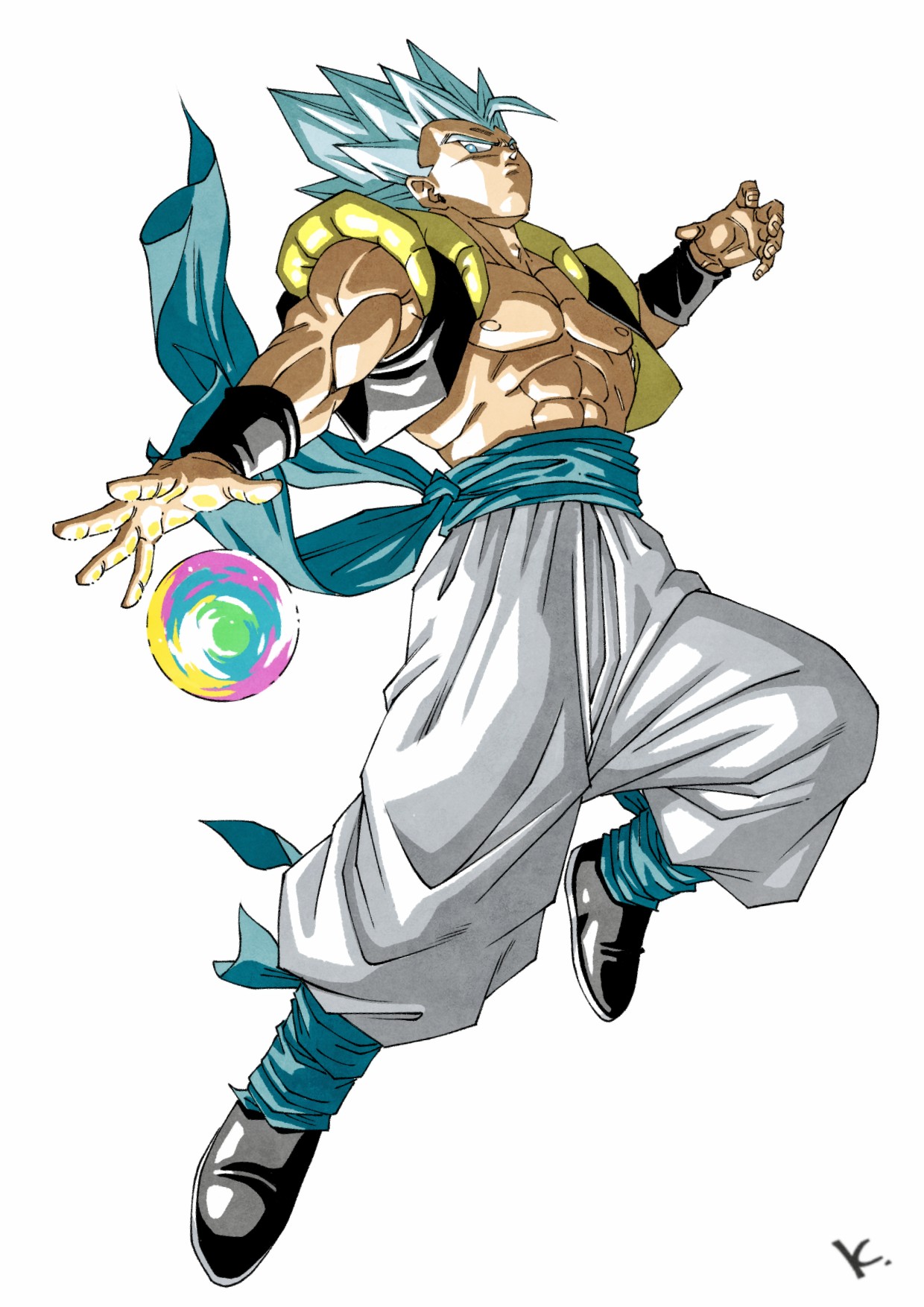kakeru (dbskakeru), gogeta, dragon ball, dragon ball super, dragon ball super broly, highres, 1boy, abs, black vest, blue eyes, blue hair, blue sash, cropped vest, energy ball, full body, medium hair, metamoran vest, muscular, muscular male, nipples, no shirt, open clothes, open vest, pants, sash, simple background, solo, spiked hair, super saiyan, super saiyan blue, vest, white background, white pants
