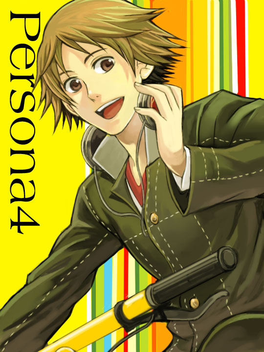 eiitoguchi uka, hanamura yousuke, atlus, persona, persona 4, 1boy, :d, headphones, headphones around neck, male focus, open mouth, smile, solo