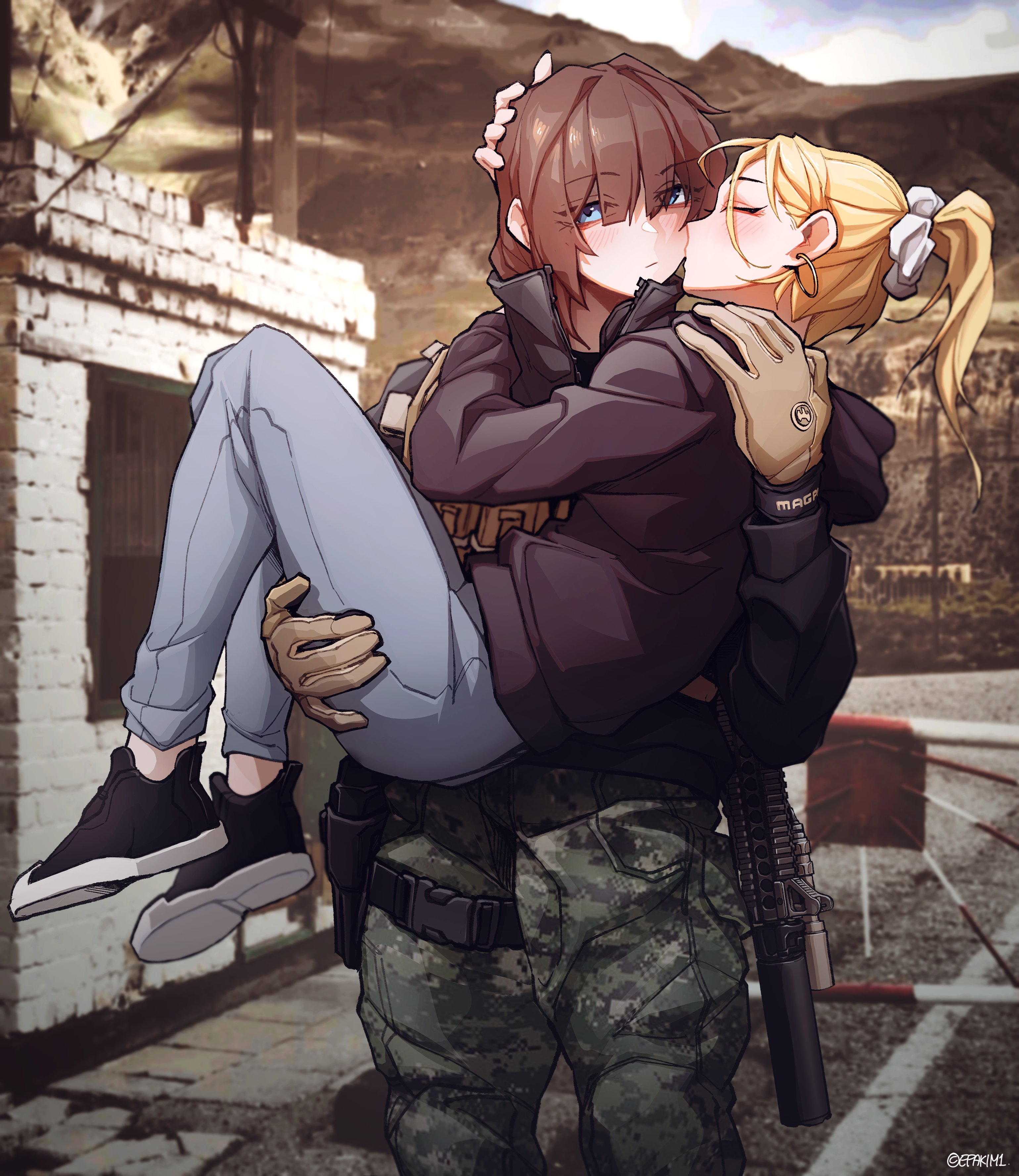 epakim, original, absurdres, commentary, commission, highres, weapon request, 2girls, artist name, assault rifle, black hoodie, black shoes, blue eyes, blue pants, blush, brown gloves, brown hair, camouflage, carrying, closed eyes, earrings, gloves, green pants, gun, hair ornament, hair scrunchie, hand on another's head, handgun, holster, holstered, hood, hoodie, hoop earrings, jewelry, kiss, kissing cheek, long hair, multiple girls, pants, photo background, ponytail, princess carry, rifle, scrunchie, shoes, short ponytail, sneakers, twitter username, weapon, white scrunchie, yuri