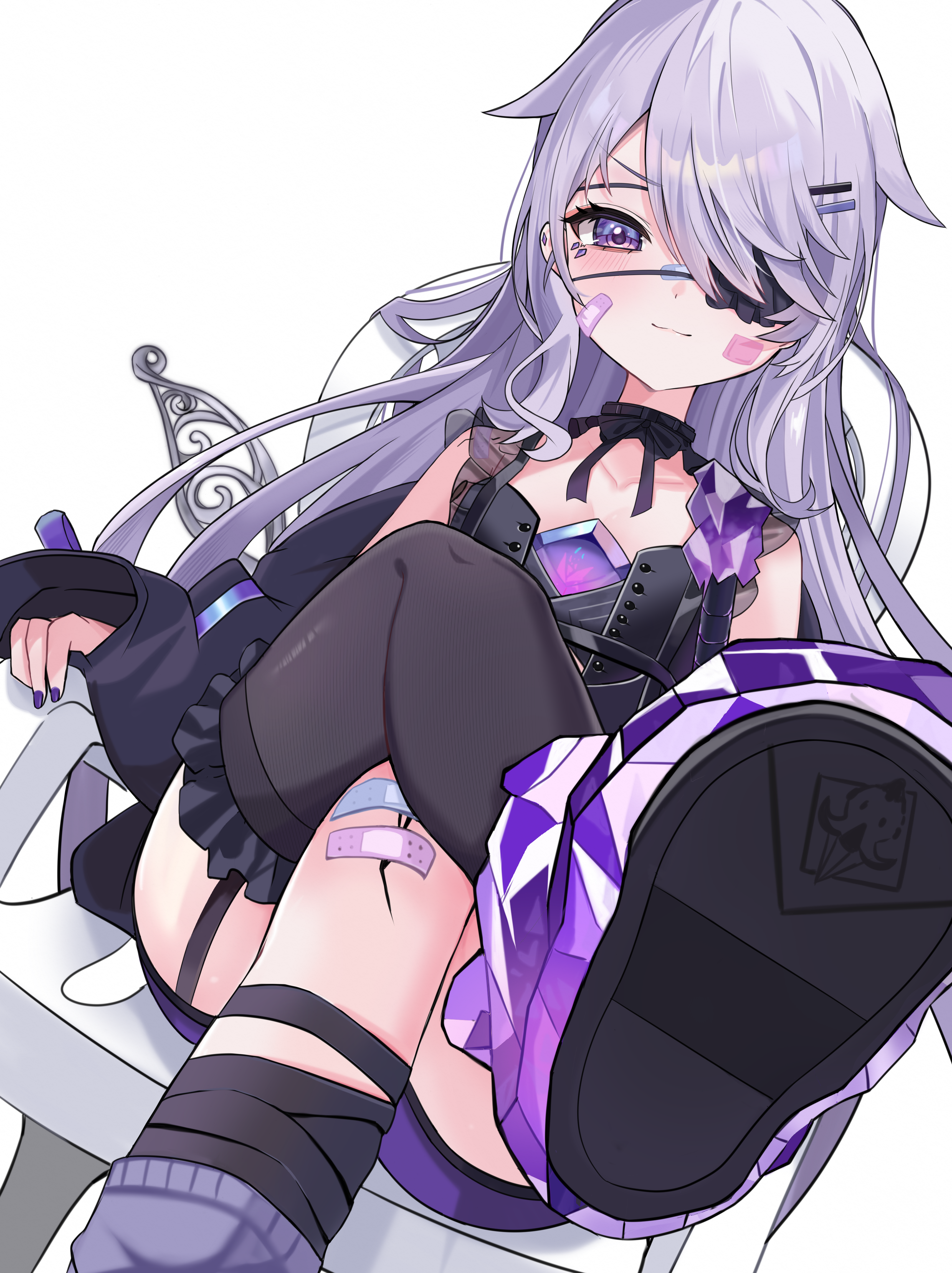 castellayaki, koseki bijou, koseki bijou (casual), hololive, hololive english, absurdres, highres, variant set, 1girl, bandaged leg, bandages, bandaid, bandaid on face, bandaid on knee, bandaid on leg, bandaid on nose, black bandages, black jacket, black ribbon, blush, chair, chest jewel, closed mouth, collarbone, cowboy shot, crossed legs, dutch angle, eyepatch, face jewel, fingernails, frilled thighhighs, frills, garter straps, gem, grey wings, hair flaps, hair ornament, hair over one eye, hairclip, jacket, leg warmers, long bangs, long hair, long sleeves, looking at viewer, material growth, mechanical wings, monobloc (chair), nail polish, neck ribbon, off shoulder, on chair, one eye covered, open clothes, open jacket, parallel hairclips, purple eyes, purple gemstone, purple hair, purple leg warmers, purple nails, purple shoes, ribbon, shoe soles, shoes, side part, simple background, single garter strap, single leg warmer, single thighhigh, sitting, sleeveless, smile, solo, thighhighs, v-shaped eyebrows, virtual youtuber, white background, wings