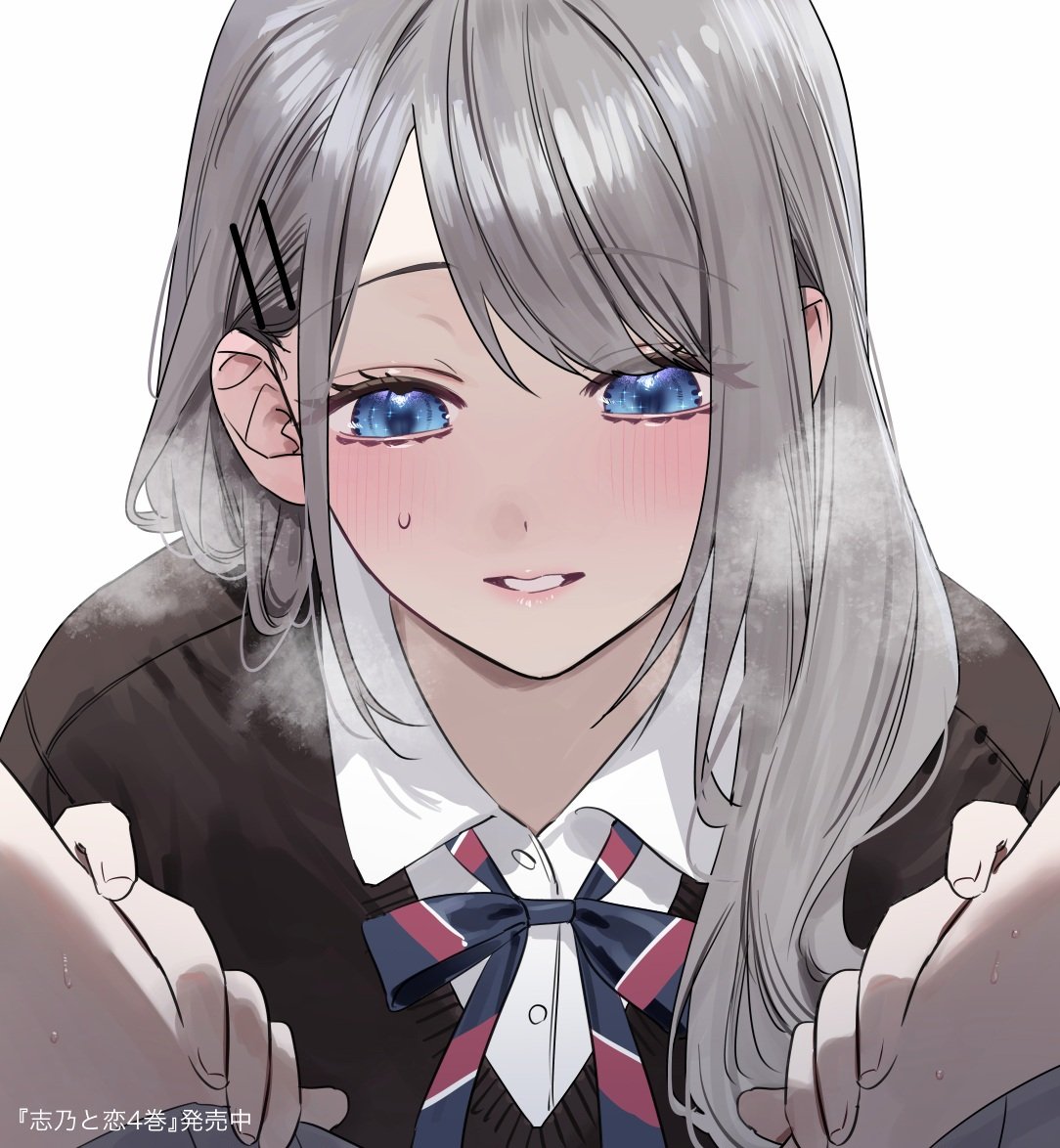 chigusa minori, saotome shino (shino to ren), shirayuki ren, shino to ren, 2girls, blue eyes, blush, bow, bowtie, breasts, collared shirt, diagonal-striped clothes, diagonal-striped necktie, dress shirt, female pov, grey hair, grey skirt, hair ornament, jacket, large breasts, long hair, long sleeves, multiple girls, nail polish, necktie, nervous sweating, open mouth, plaid bow, plaid bowtie, plaid clothes, pov, school uniform, shirt, sidelocks, skirt, striped clothes, sweat, sweatdrop, white shirt, yuri