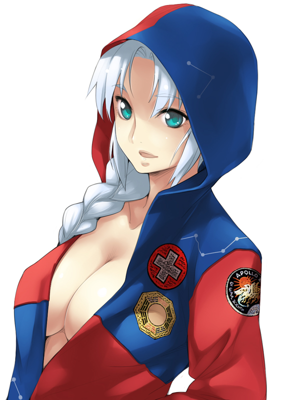 yurikawa, yagokoro eirin, touhou, 1girl, alternate costume, aqua eyes, blue eyes, braid, breasts, casual, center opening, cleavage, contemporary, female focus, hair over shoulder, hood, hooded jacket, jacket, no bra, open clothes, open mouth, single braid, smile, solo, white hair