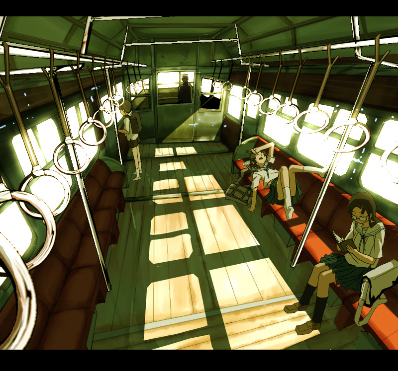inumaroboya, inumaru (sougen no marogoya), original, light, 1boy, 3girls, backpack, bag, brown hair, letterboxed, lying, multiple girls, randoseru, reading, school uniform, serafuku, sitting, skirt, slice of life, train, train interior, vanishing point