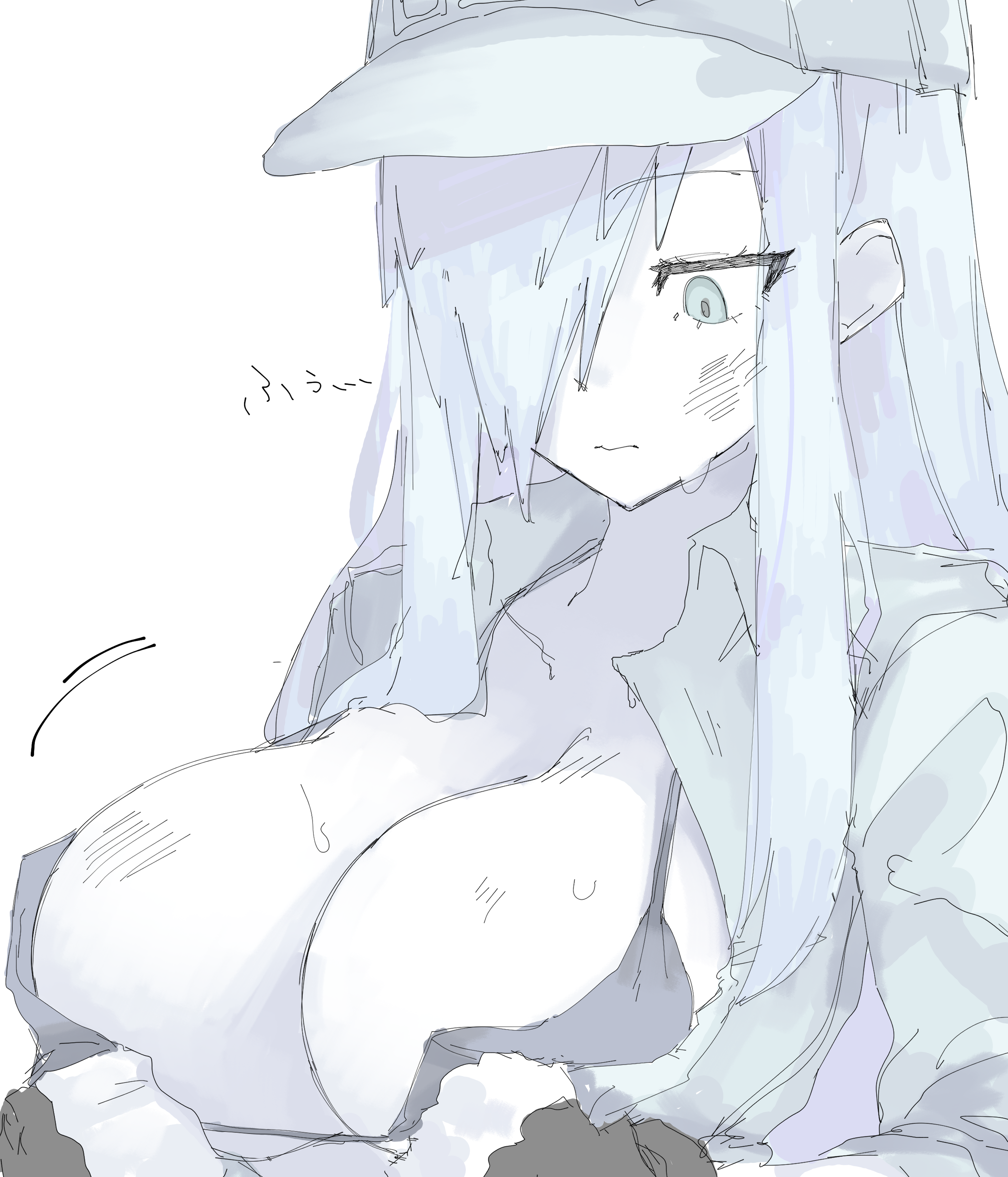 mocamocaink, u-1196, white blood cell (hataraku saibou), hataraku saibou, hataraku saibou black, absurdres, highres, 1girl, bikini, black bikini, blue eyes, breasts, cleavage, closed mouth, grey hat, hat, large breasts, long hair, looking down, pale skin, simple background, solo, swimsuit, upper body, white background