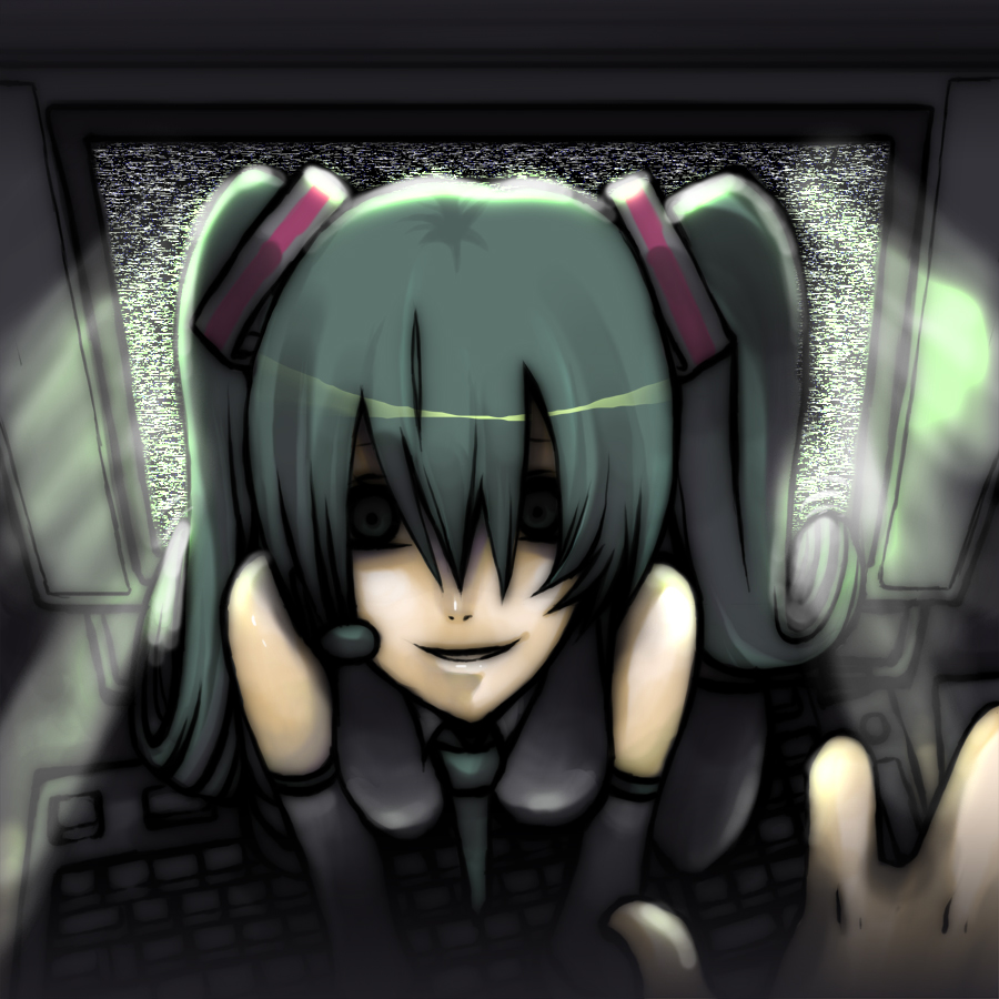 yama (rabbit room), hatsune miku, the ring, vocaloid, bad id, bad pixiv id, 1girl, computer, computer keyboard, crazy eyes, creepy, detached sleeves, female focus, green hair, horror (theme), parody, solo, thighhighs, through medium, through screen, twintails