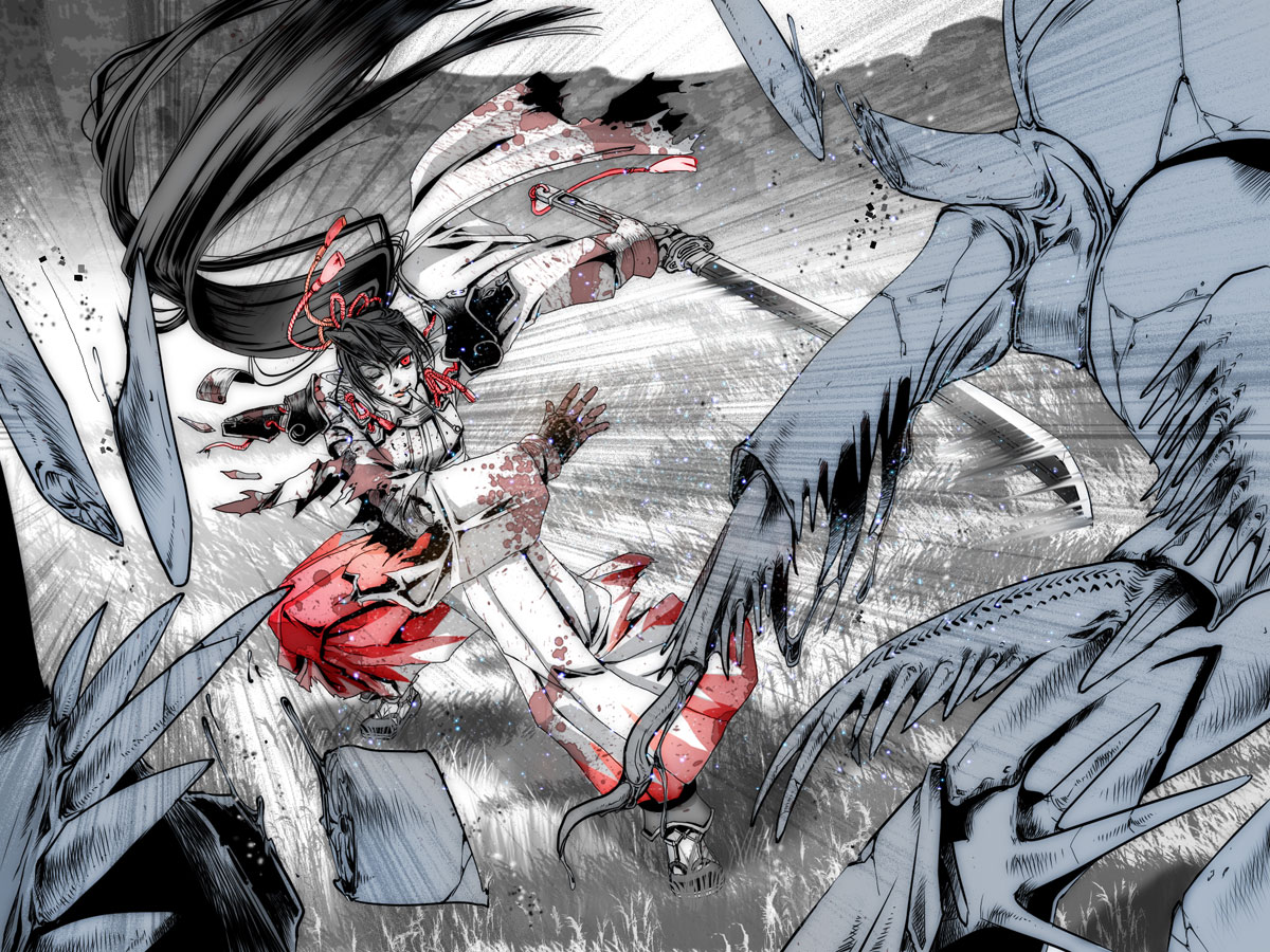 takayama dan, pixiv fantasia, pixiv fantasia 2, 1girl, battle, black hair, japanese clothes, long hair, monster, mouth hold, one eye closed, ponytail, red eyes, sword, torn clothes, weapon, wink