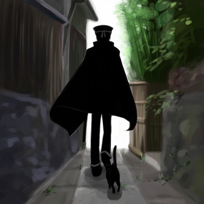 arukapakapakapa, gouto, kuzunoha raidou, devil summoner (series), raidou kuzunoha vs the soulless army, 1boy, back, black hair, cape, cat, hat, katana, male focus, school uniform, shako cap, short hair, solo, sword, weapon