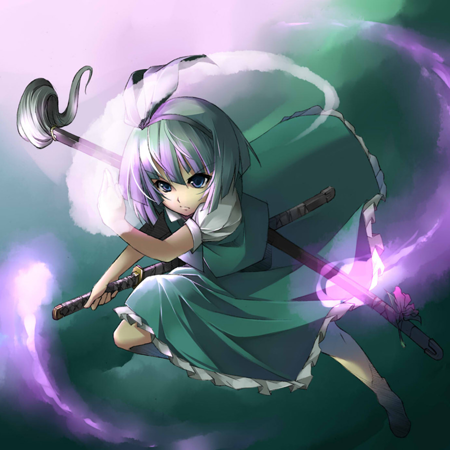 beihan, kokka han, konpaku youmu, konpaku youmu (ghost), touhou, silver hair, 1girl, blue eyes, dress, female focus, fighting stance, hairband, hitodama, katana, solo, sword, weapon