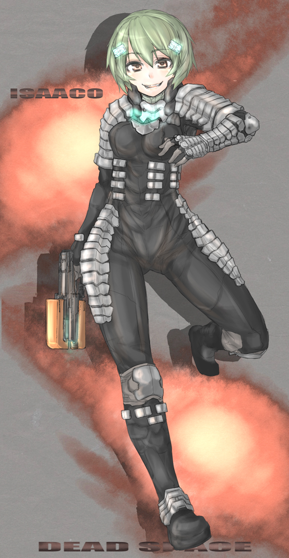 sigama, sigma (artist), isaac clarke, dead space (series), dead space 1, bad id, bad pixiv id, gender request, 1girl, animification, armor, female focus, genderswap, green hair, grin, gun, isaaco, plasma cutter, science fiction, short hair, smile, solo, weapon