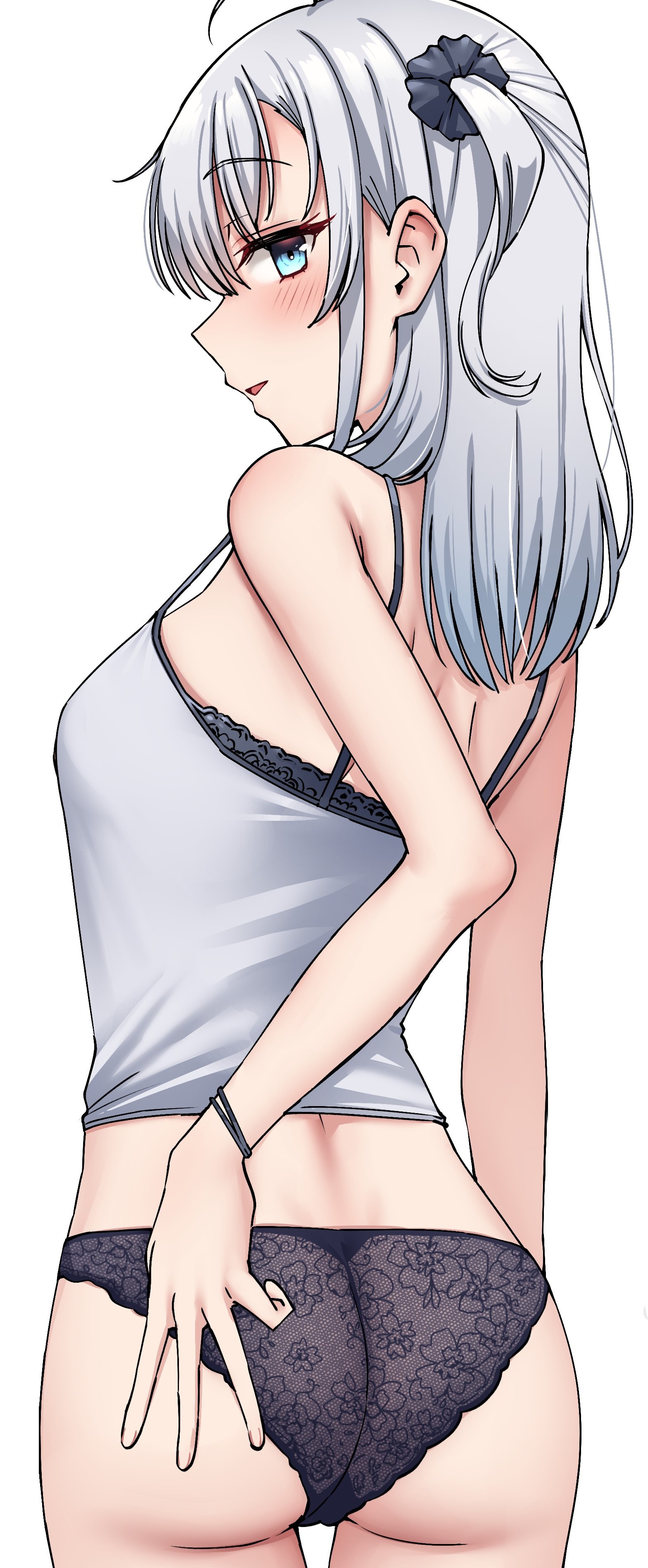 kiritto, suzutsuki (kancolle), kantai collection, absurdres, highres, 1girl, ass, black bra, black panties, bra, camisole, grey eyes, long hair, looking at viewer, looking back, one side up, panties, simple background, solo, underwear, w, white background, white camisole