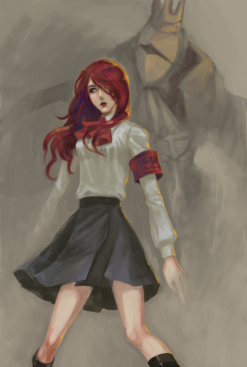 ideissai, kirijou mitsuru, penthesilea, atlus, persona, persona 3, armband, armor, ascot, boots, bow, crown, hair over one eye, knee boots, lipstick, long hair, makeup, mask, pleated skirt, red eyes, red hair, school uniform, skirt, solo, standing, wavy hair