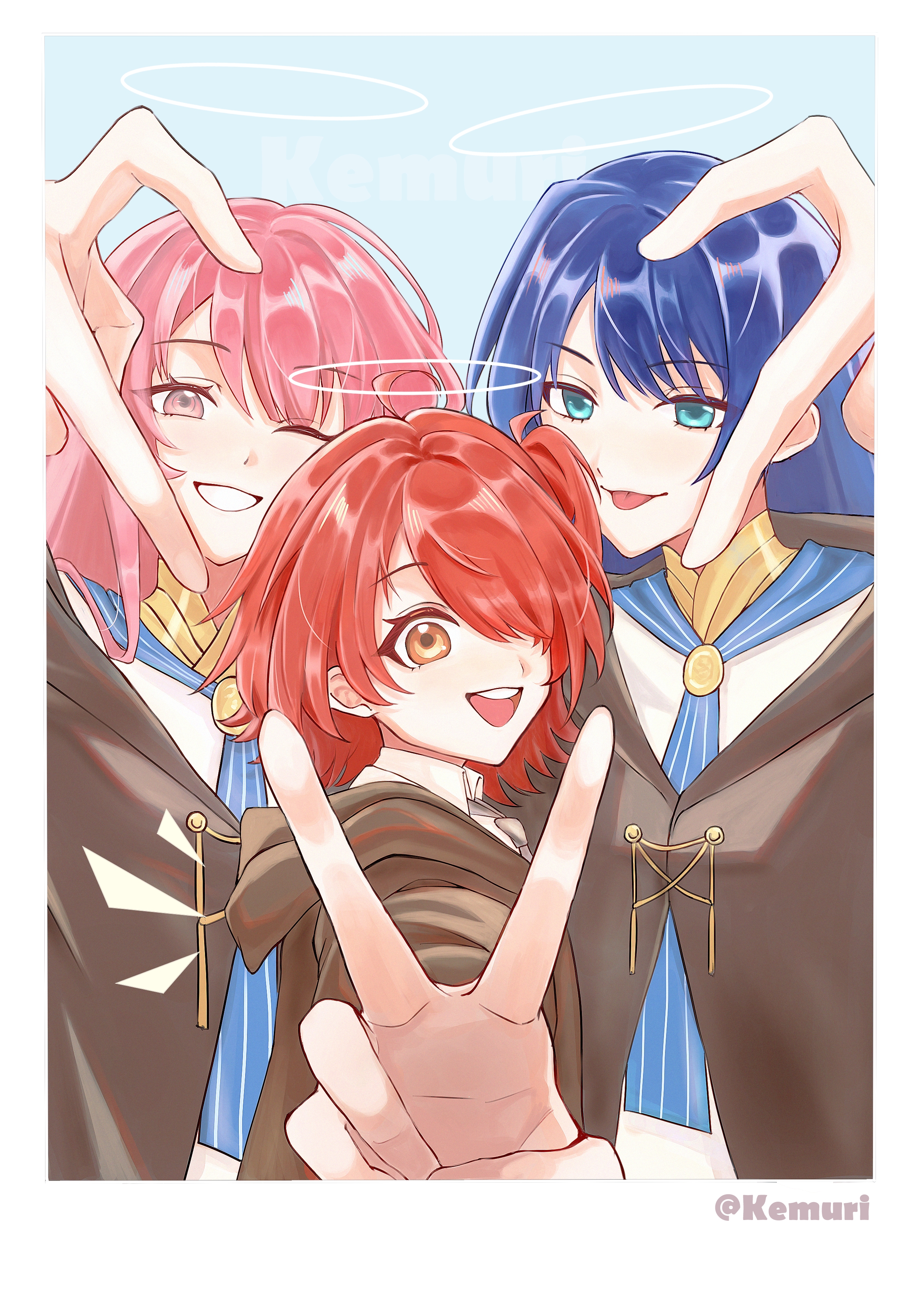 exusiai (arknights), lemuen (arknights), mostima (arknights), arknights, absurdres, chinese commentary, commentary request, highres, 3girls, :d, :p, ;d, aqua eyes, arm up, blue sailor collar, bolo tie, border, brown cloak, cloak, grin, group picture, hair over one eye, halo, heart, heart hands, heart hands trio, hood, hood down, hooded cloak, long hair, looking at viewer, multiple girls, one eye closed, one eye covered, open mouth, orange eyes, outstretched arm, pink eyes, pink hair, purple hair, red hair, sailor collar, sallyface512, shirt, short hair, smile, tongue, tongue out, traditional halo, upper body, v, white border, white halo, white shirt