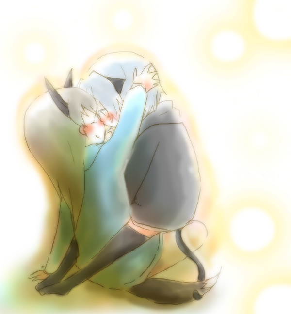 muro, eila ilmatar juutilainen, sanya v. litvyak, strike witches, world witches series, black legwear, 00s, 2girls, ^ ^, animal ears, arm up, black bow, black sweater, blue hair, blue sweater, blush, bow, brown hair, cat ears, cat tail, closed eyes, closed mouth, dress, full body, girl on top, hair bow, headpat, hood, hood down, hooded sweater, long sleeves, multiple girls, no pants, short hair, sitting, sitting on person, smile, sweater, sweater dress, tail, thighhighs, yuri, zettai ryouiki