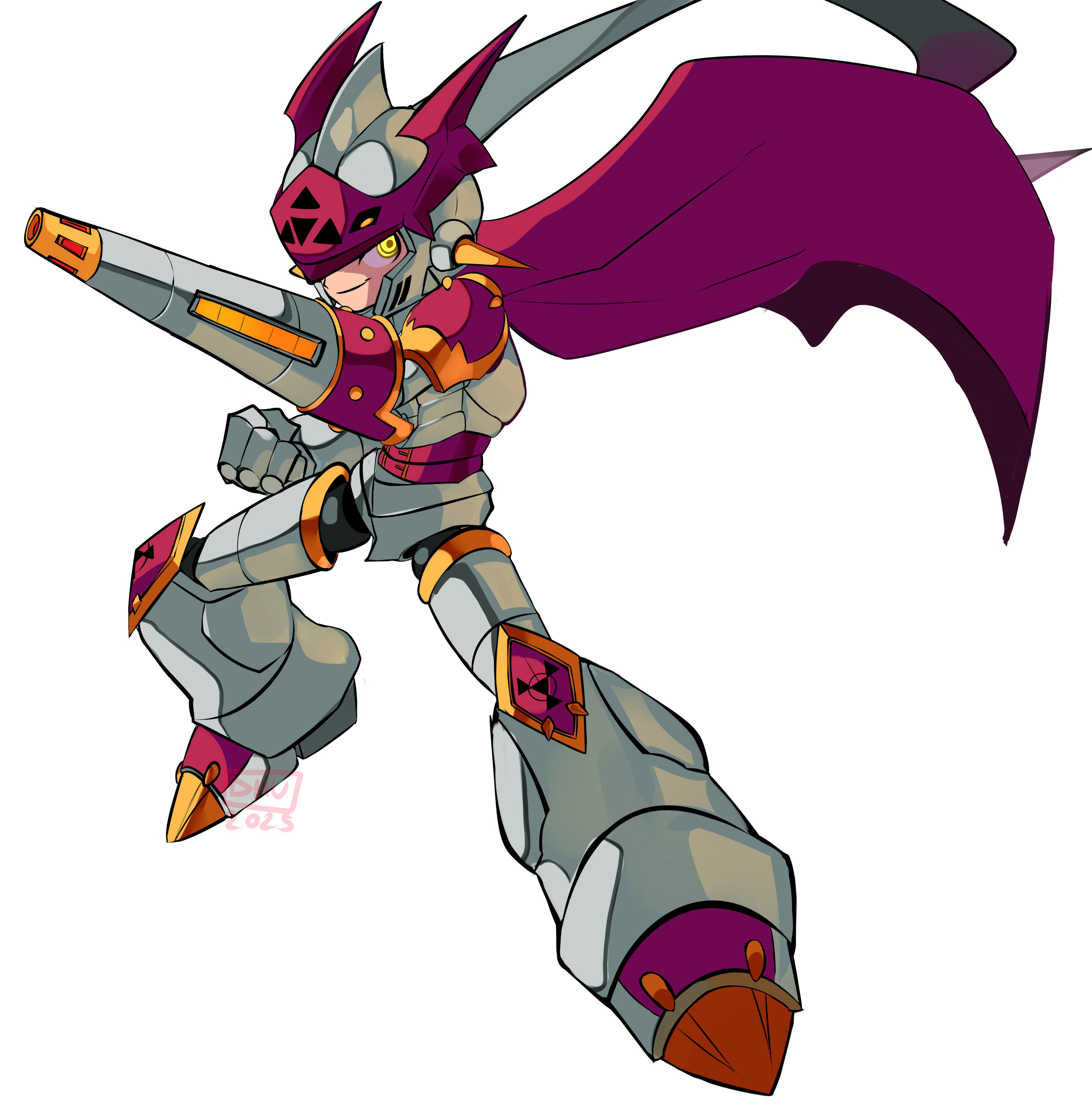 danyhu16, dukemon, digimon, mega man (series), absurdres, highres, 1boy, arm cannon, armor, cape, digimon (creature), full body, helmet, red cape, simple background, solo, weapon, white armor, white background, white helmet, yellow eyes