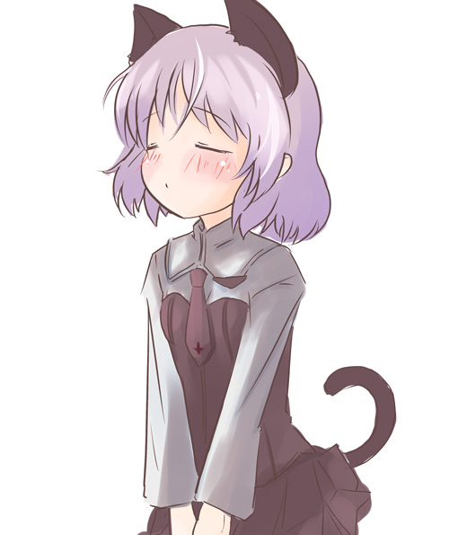 sanya v. litvyak, strike witches, world witches series, 00s, 1girl, animal ears, blush, closed eyes, female focus, long sleeves, necktie, short hair, simple background, solo, tail, v arms, white background