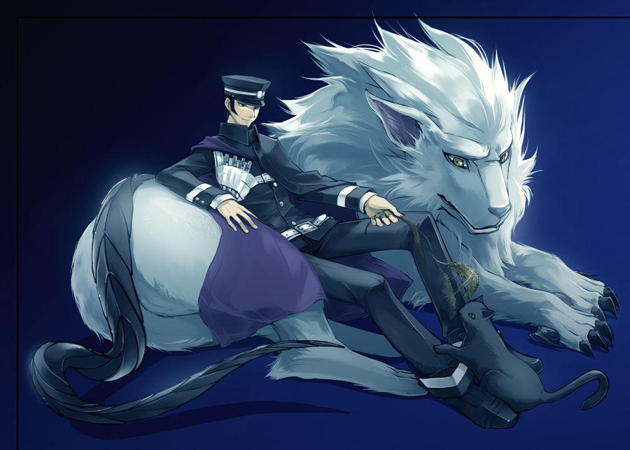 yatuki, cerberus (megami tensei), gouto, kuzunoha raidou, devil summoner (series), raidou kuzunoha vs the soulless army, bad id, bad pixiv id, 1boy, belt, black hair, cape, demon (megami tensei), hat, male focus, school uniform, shako cap, short hair, solo