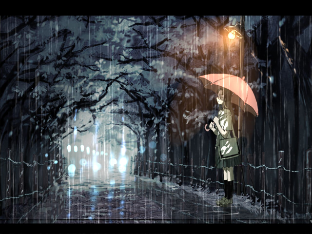 inumaroboya, inumaru (sougen no marogoya), light, 1girl, brown hair, female focus, glasses, lamppost, letterboxed, long hair, nature, night, outdoors, rain, school uniform, skirt, solo, standing, tree, umbrella
