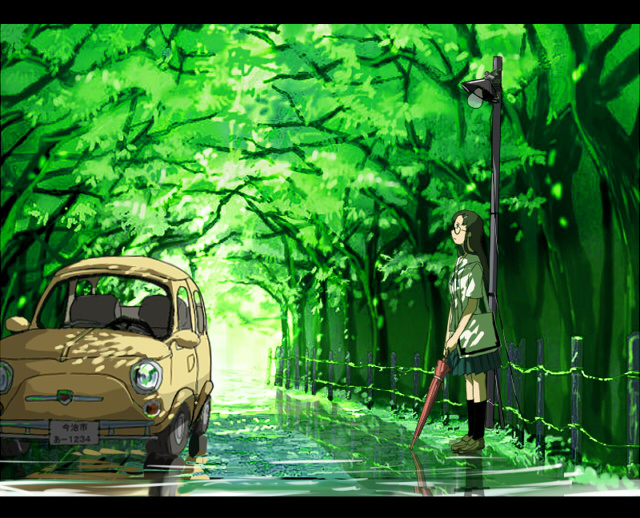 inumaroboya, inumaru (sougen no marogoya), fiat, 1girl, brown hair, car, closed umbrella, dappled sunlight, female focus, fiat 500, glasses, green theme, letterboxed, long hair, motor vehicle, nature, outdoors, school uniform, skirt, slice of life, solo, standing, sunlight, tree, umbrella, vehicle focus, water