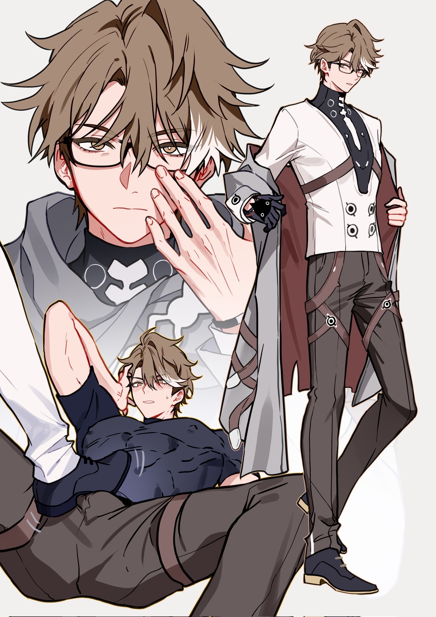 yuelinpanp98413, void archives, welt yang, honkai: star rail, honkai (series), honkai impact 3rd, corrupted twitter file, highres, 2boys, adjusting eyewear, black-framed eyewear, black gloves, black shirt, black shoes, blush, brown hair, brown pants, buttons, closed mouth, coat, covered erect nipples, double-breasted, footjob over clothes, full body, gloves, grey coat, grey scarf, hair between eyes, hand to head, long sleeves, male focus, motion lines, multicolored hair, multiple boys, multiple views, out of frame, pants, parted lips, removing coat, scarf, semi-rimless eyewear, shirt, shoes, short hair, short sleeves, simple background, single glove, spread legs, stepped on, streaked hair, sweatdrop, white background, white hair, white pants, white shirt, yaoi, yellow eyes