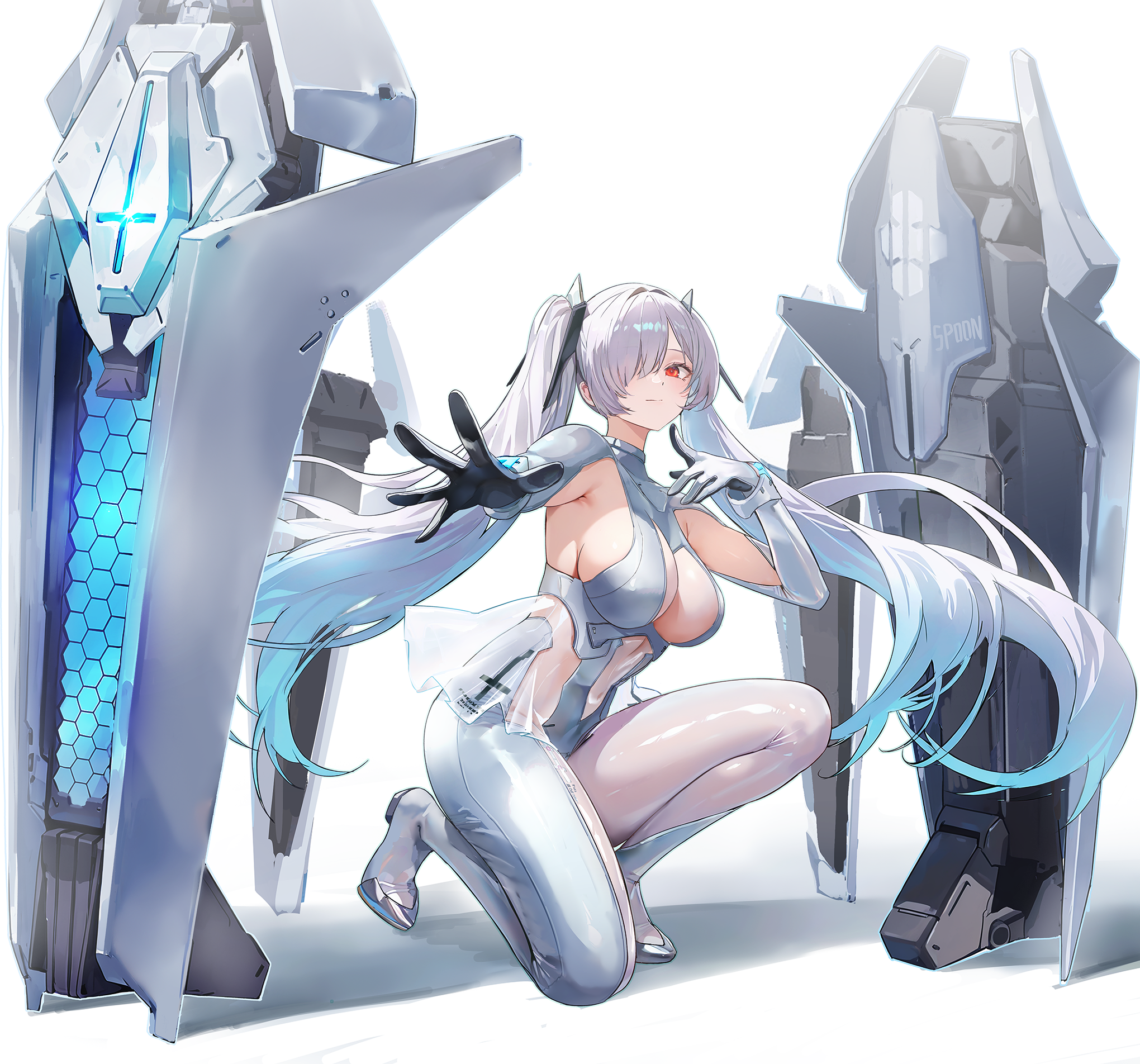 tiaogeng, cinderella (nikke), goddess of victory: nikke, commentary, highres, 1girl, armpit cutout, black gloves, bodysuit, breasts, closed mouth, clothing cutout, covered navel, full body, gloves, grey bodysuit, grey gloves, grey hair, hair between eyes, hair intakes, hair over one eye, large breasts, long hair, looking at viewer, navel cutout, on one knee, red eyes, rigging, see-through bodysuit, see-through cleavage, see-through clothes, see-through skirt, shadow, sidelocks, simple background, skirt, solo, twintails, very long hair, white background